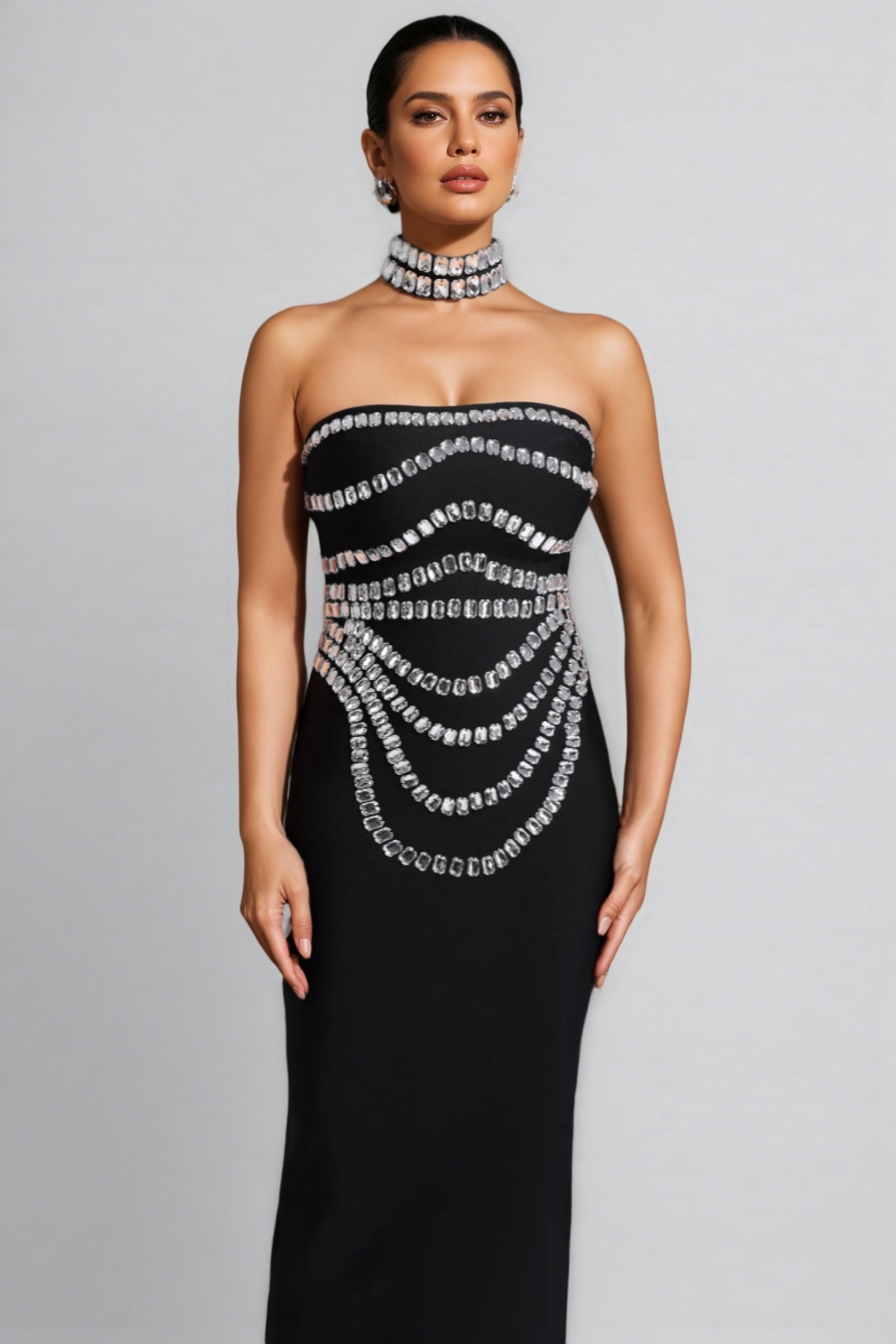 Crystal Swag Draped Strapless Bandage Bodycon Maxi Gown