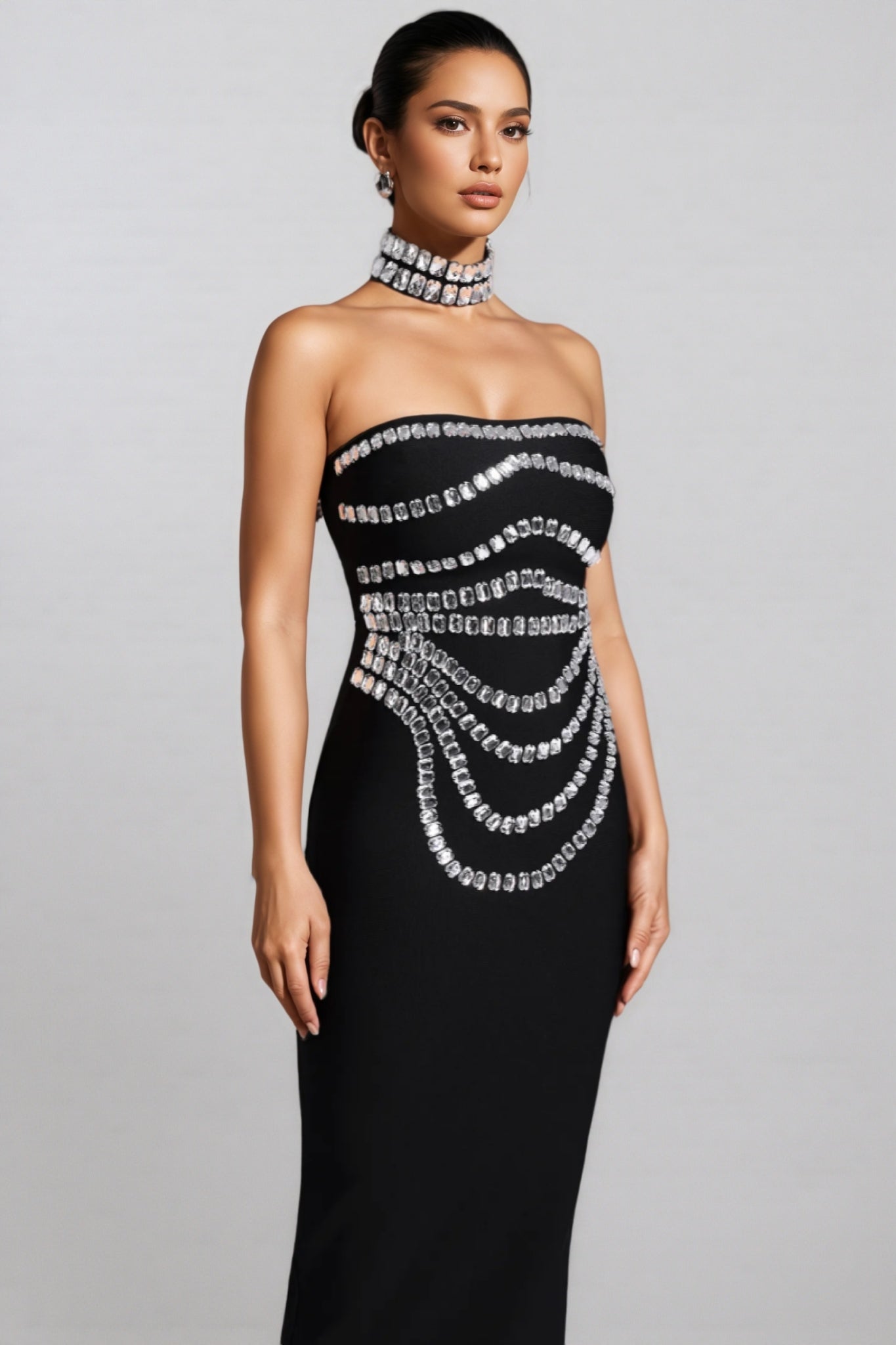 Crystal Swag Draped Strapless Bandage Bodycon Maxi Gown