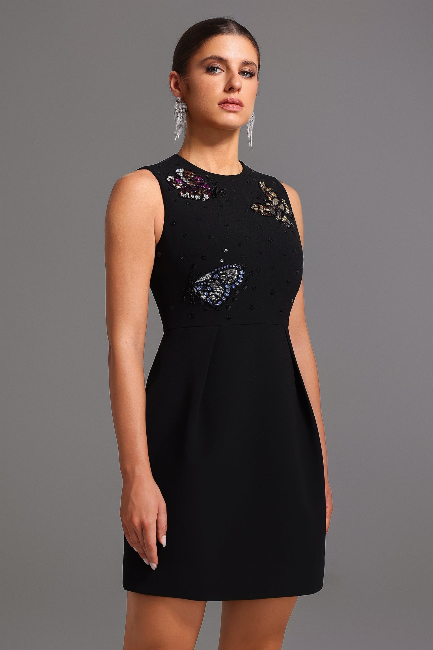 Sequin Round Neck Sleeveless Butterfly Embellished A-Line Mini Dress