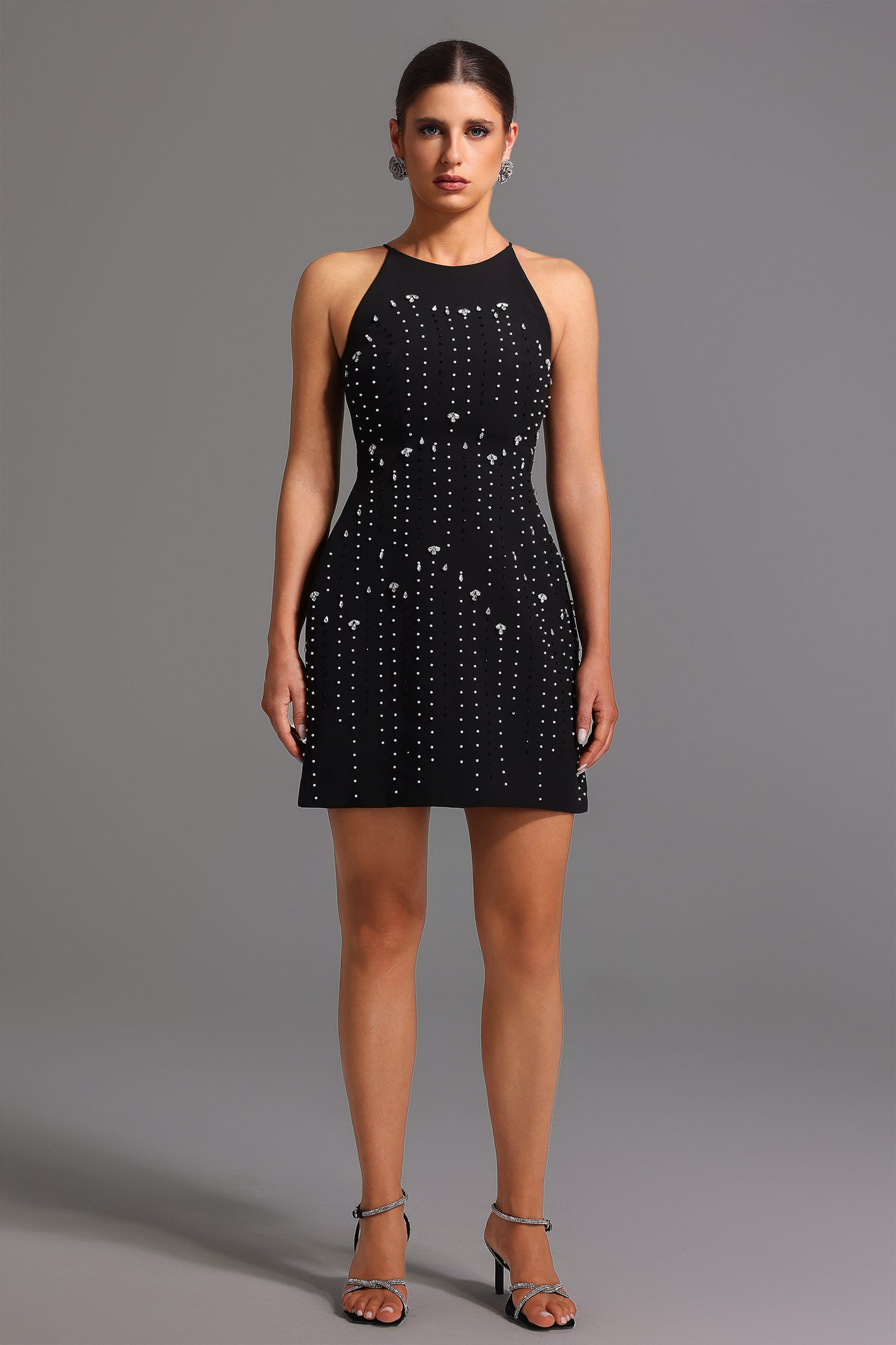Pearl Rhinestone Vertical Stripe High Neck Sleeveless Bodycon Mini Dress