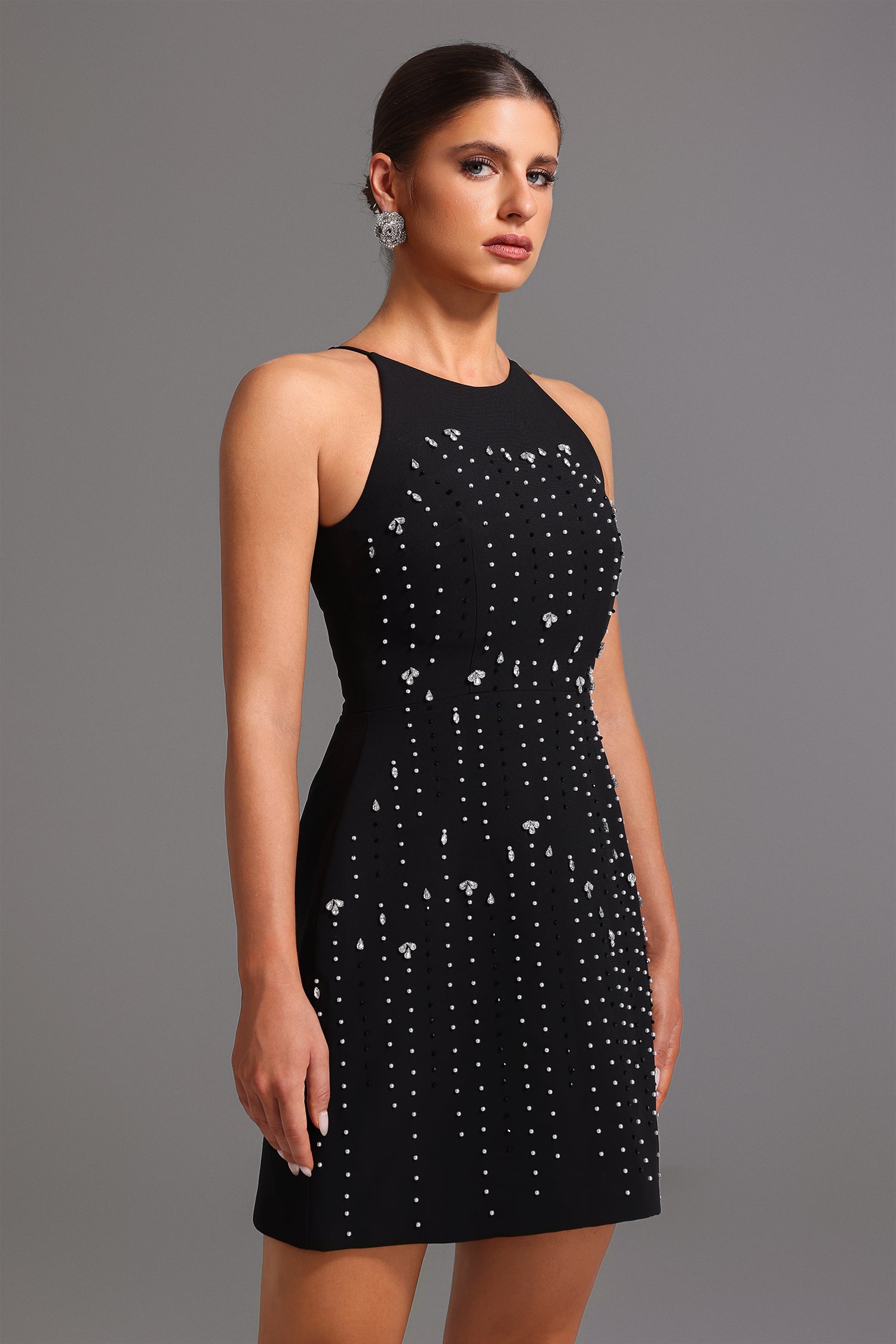 Pearl Rhinestone Vertical Stripe High Neck Sleeveless Bodycon Mini Dress