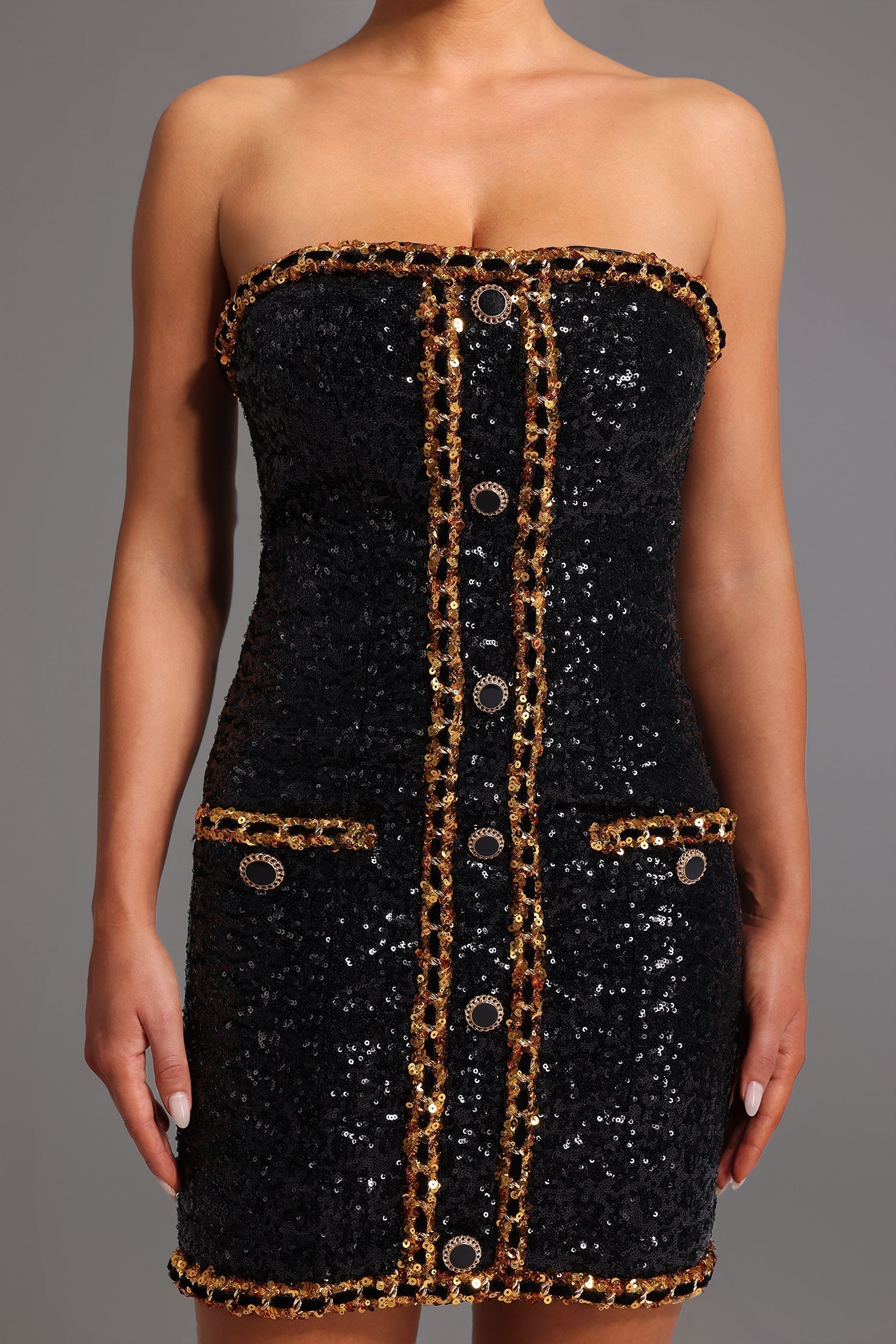 Sequin Strapless Crystal Trim Bodycon Mini Dress