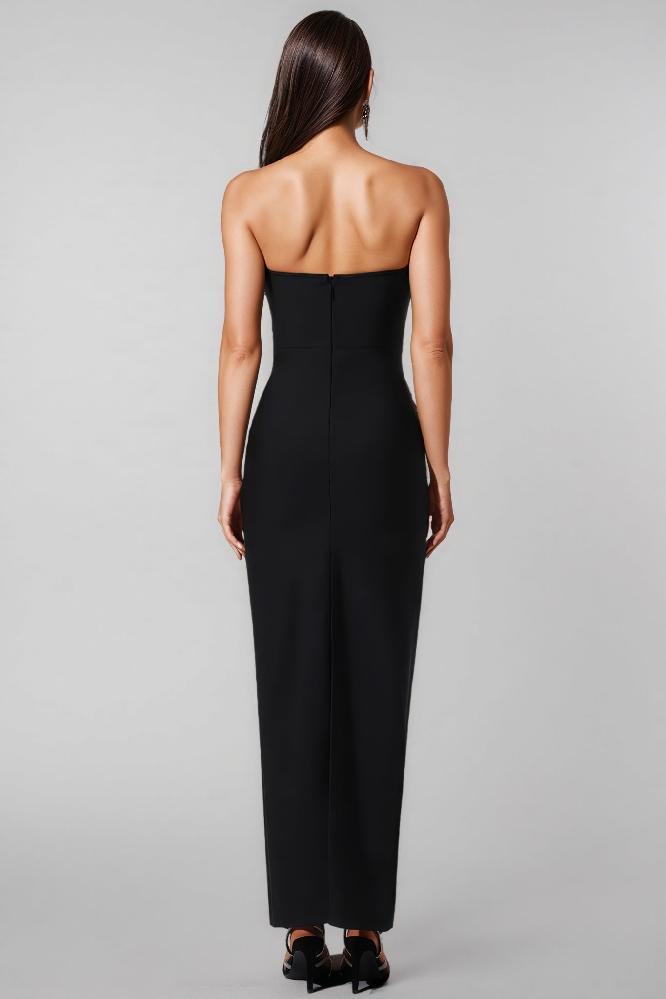 Crystal Lattice Mesh Strapless Scalloped Bodice Column Maxi Gown