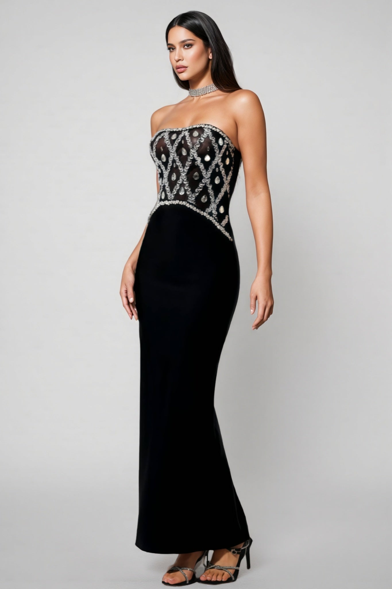 Crystal Lattice Mesh Strapless Scalloped Bodice Column Maxi Gown