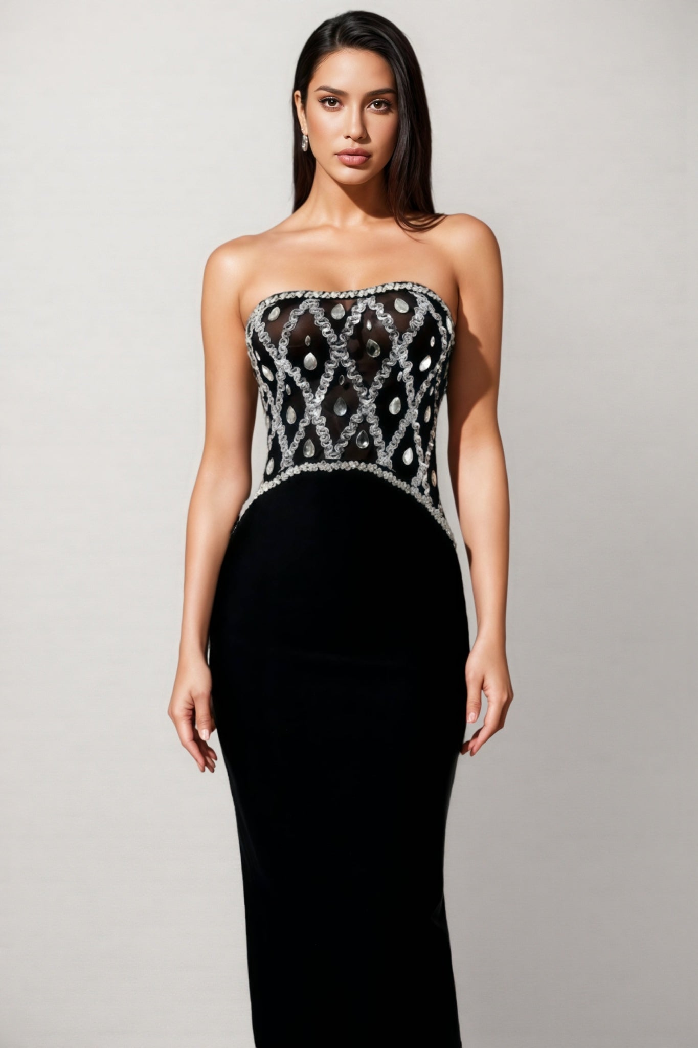 Crystal Lattice Mesh Strapless Scalloped Bodice Column Maxi Gown