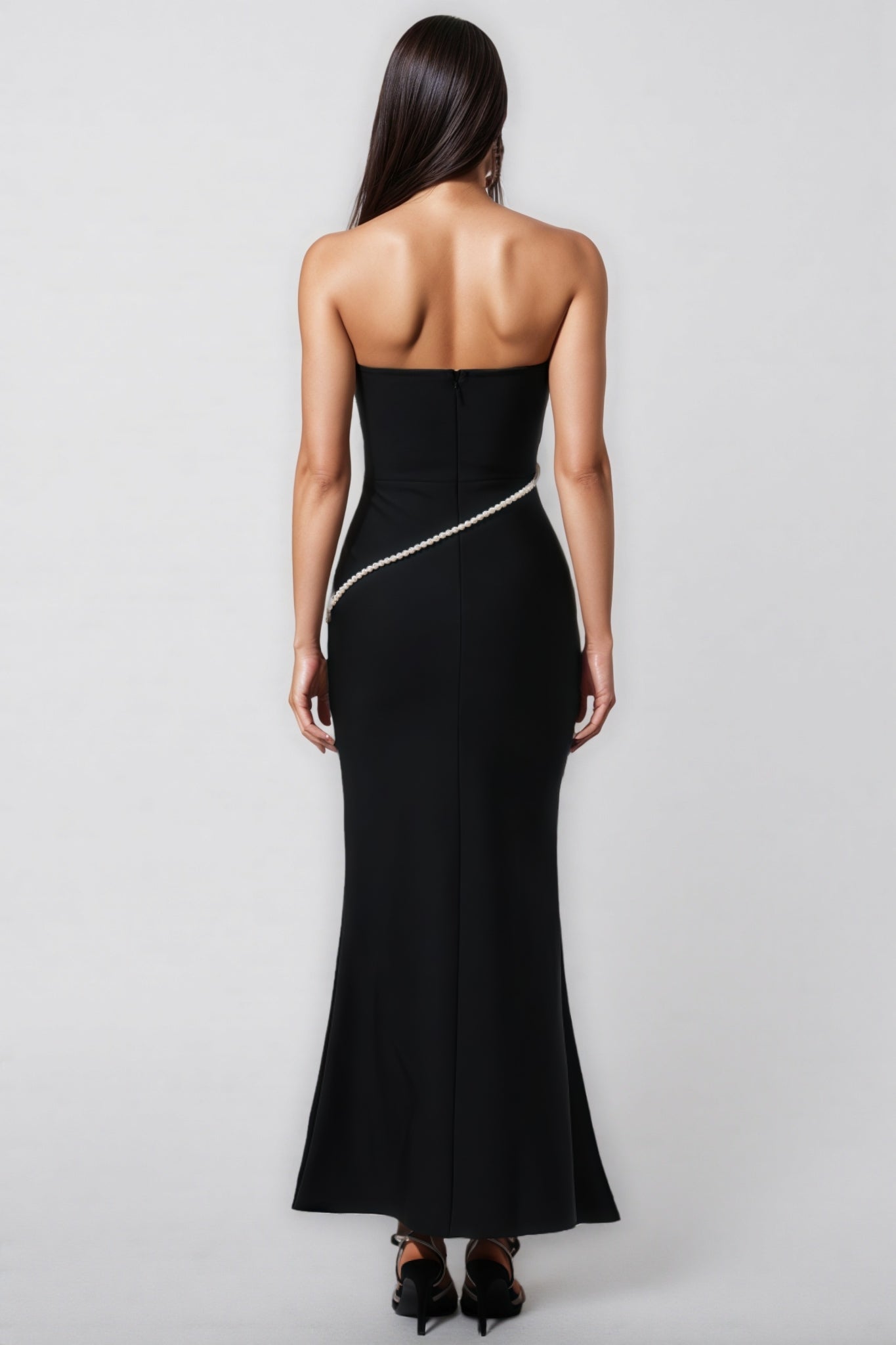 Strapless Sweetheart Pearl Trim Asymmetric Sequin Panel Mermaid Maxi Gown