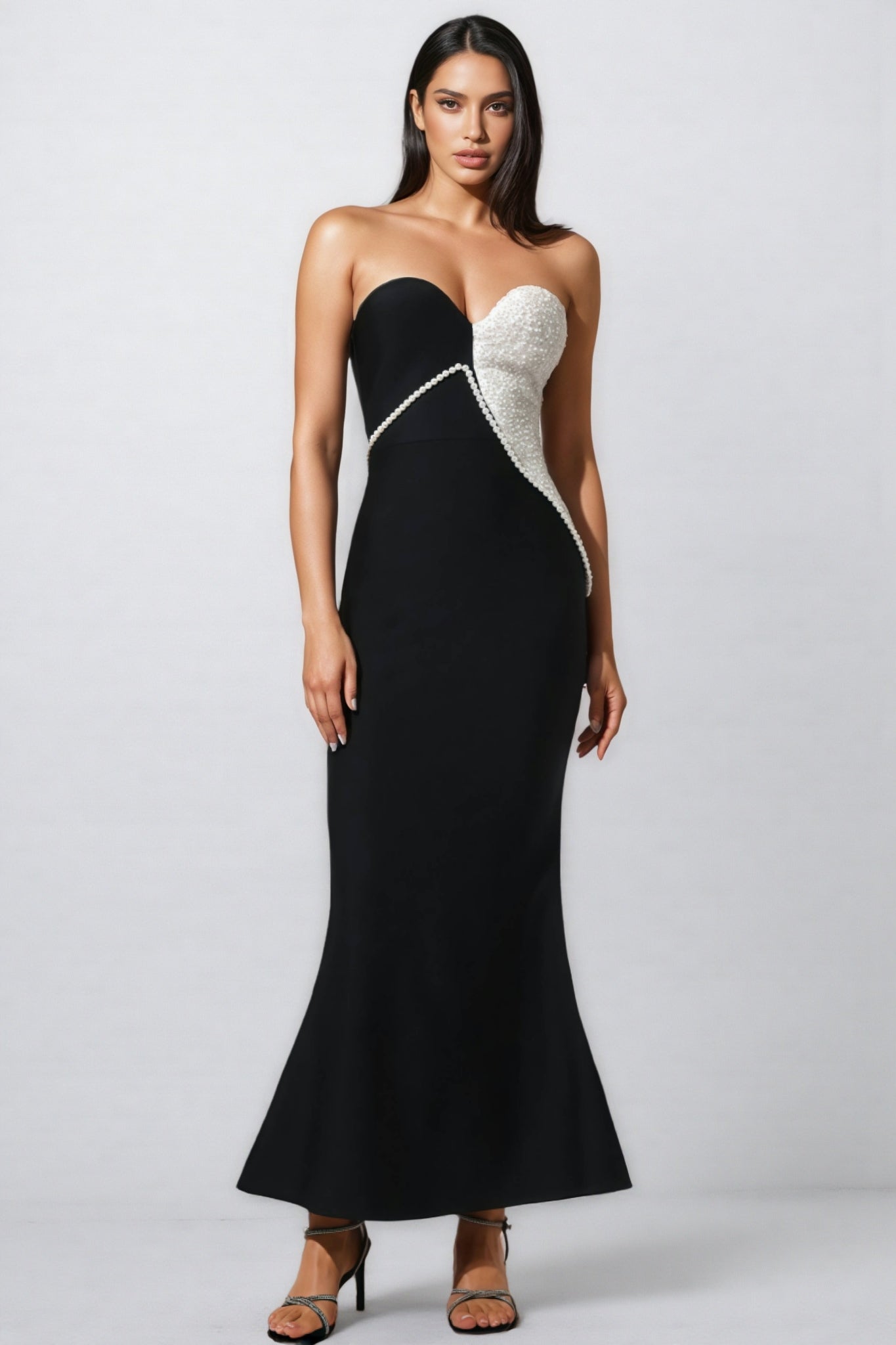 Strapless Sweetheart Pearl Trim Asymmetric Sequin Panel Mermaid Maxi Gown