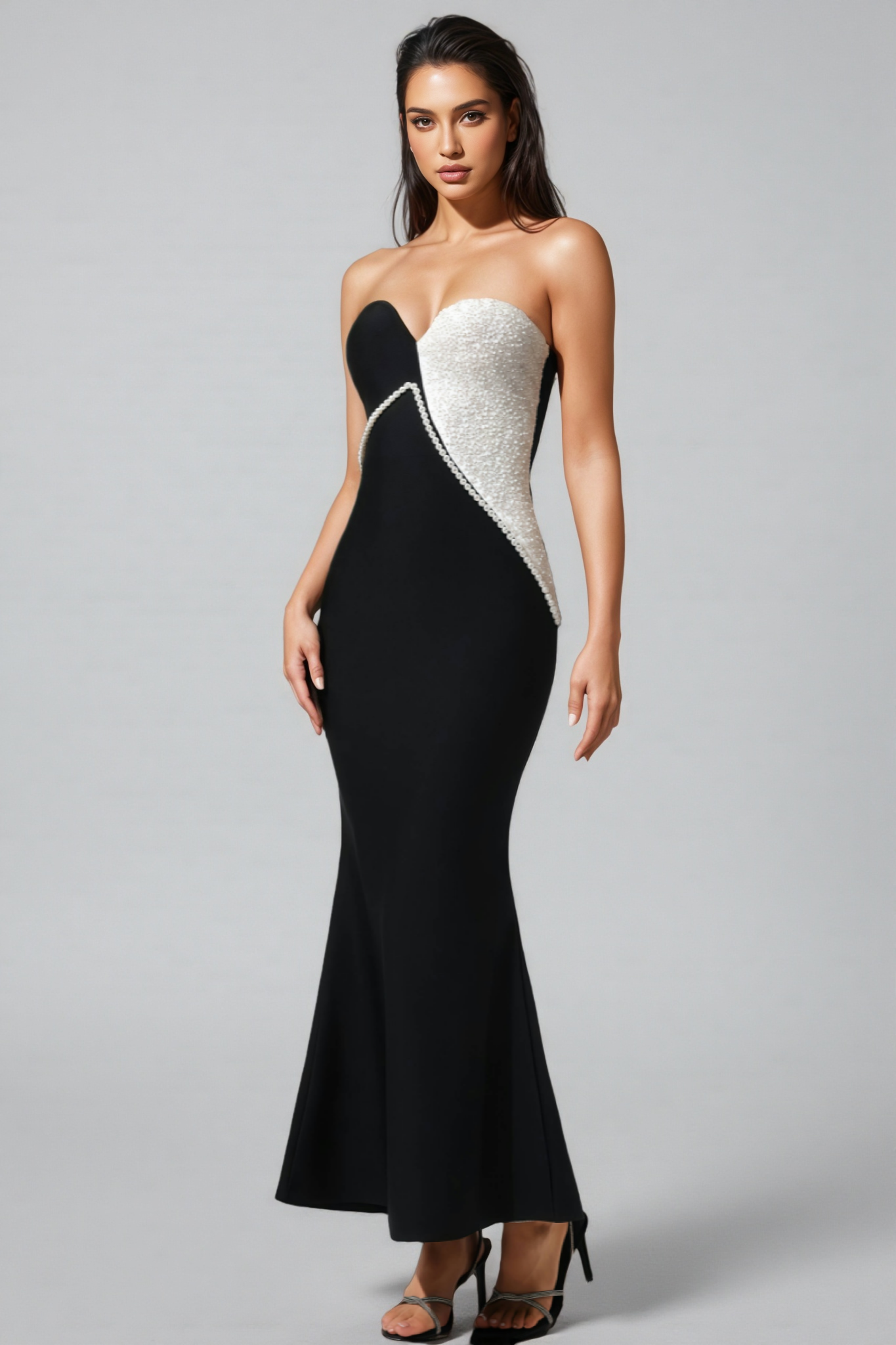 Strapless Sweetheart Pearl Trim Asymmetric Sequin Panel Mermaid Maxi Gown