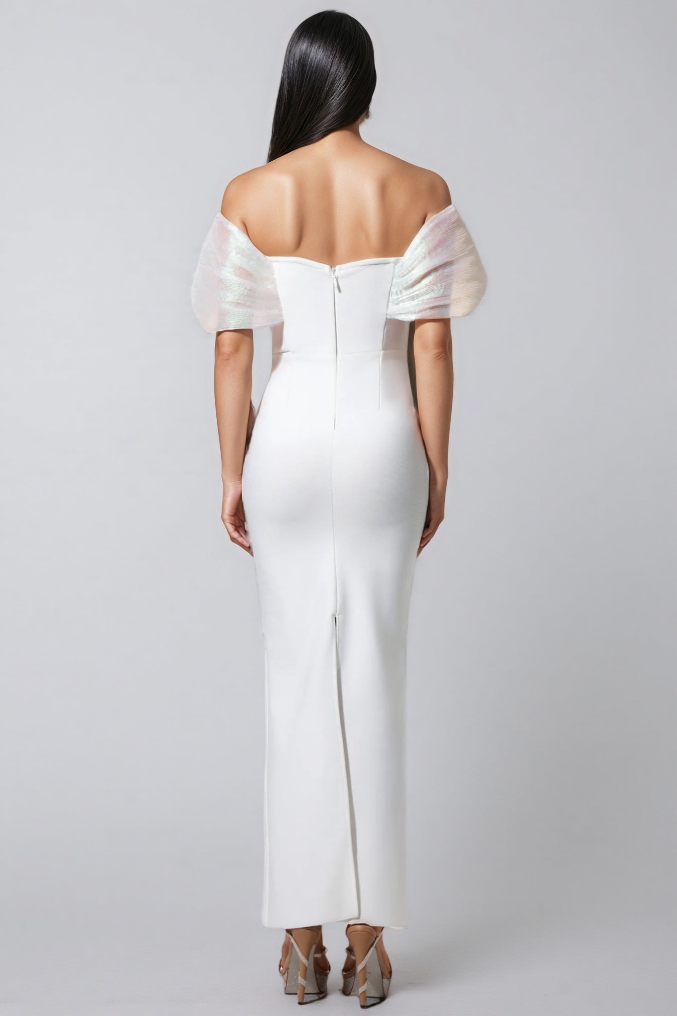 Pearl Embellished Off Shoulder Cape Sleeve Deep V-Neck Maxi Gown