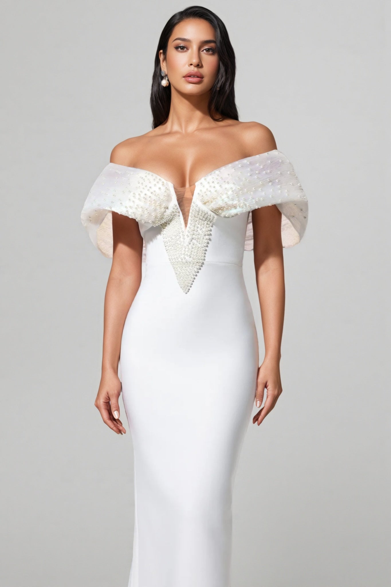Pearl Embellished Off Shoulder Cape Sleeve Deep V-Neck Maxi Gown