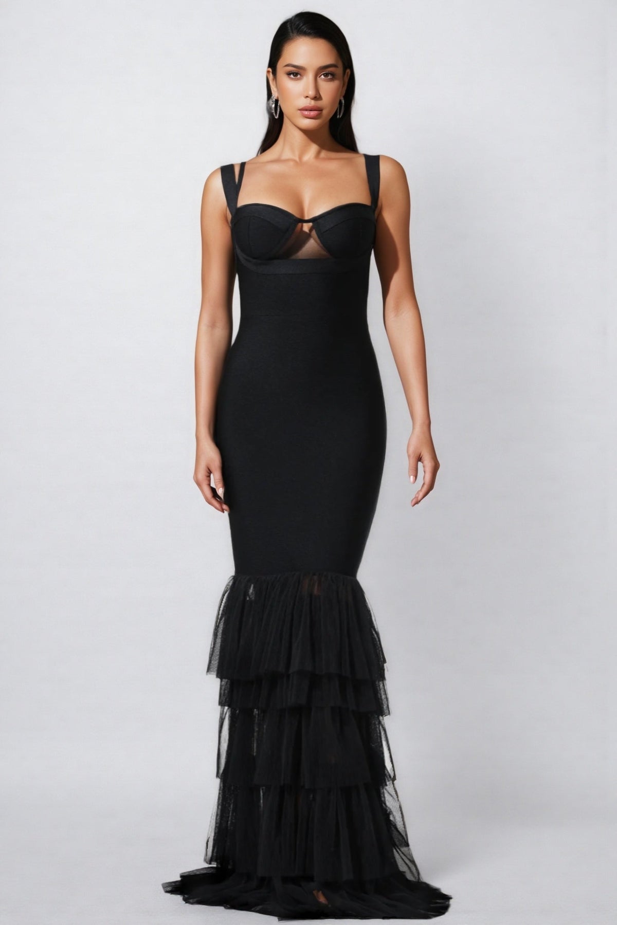 Bustier Bandage Tiered Tulle Fishtail Hem Maxi Dress