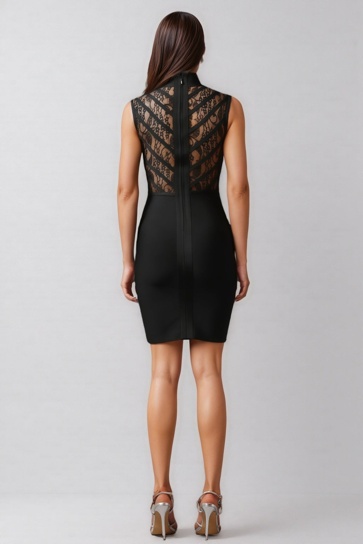 Mock Neck Sleeveless Sheer Lace Bodice Bandage Bodycon Mini Dress 5