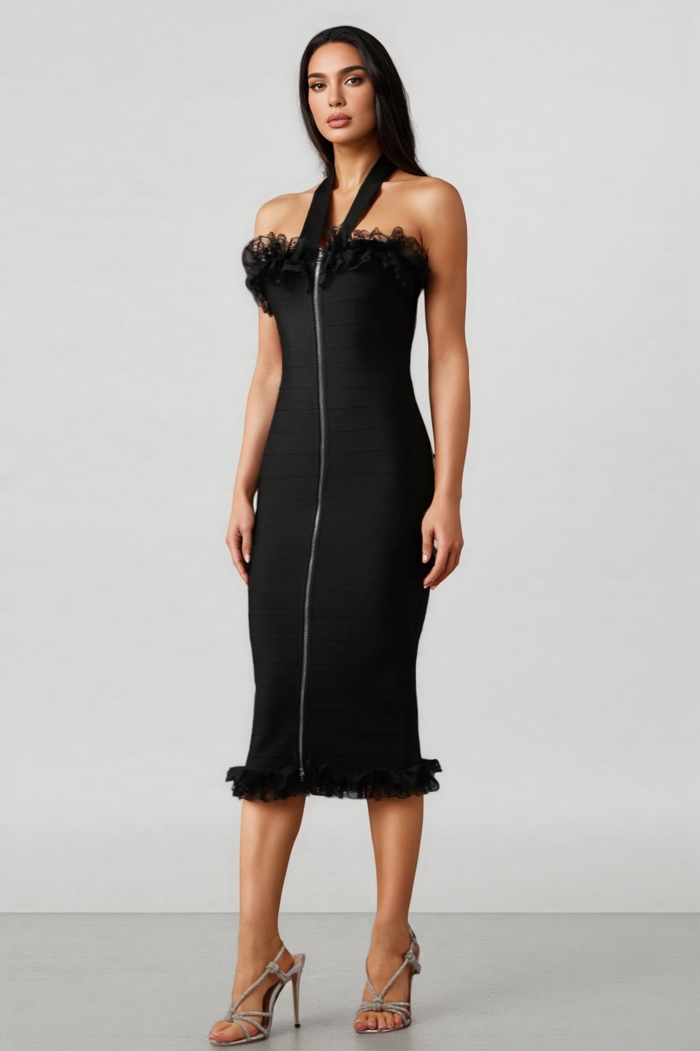 Lace V-Neck Sleeveless Bodycon Midi Party Dress