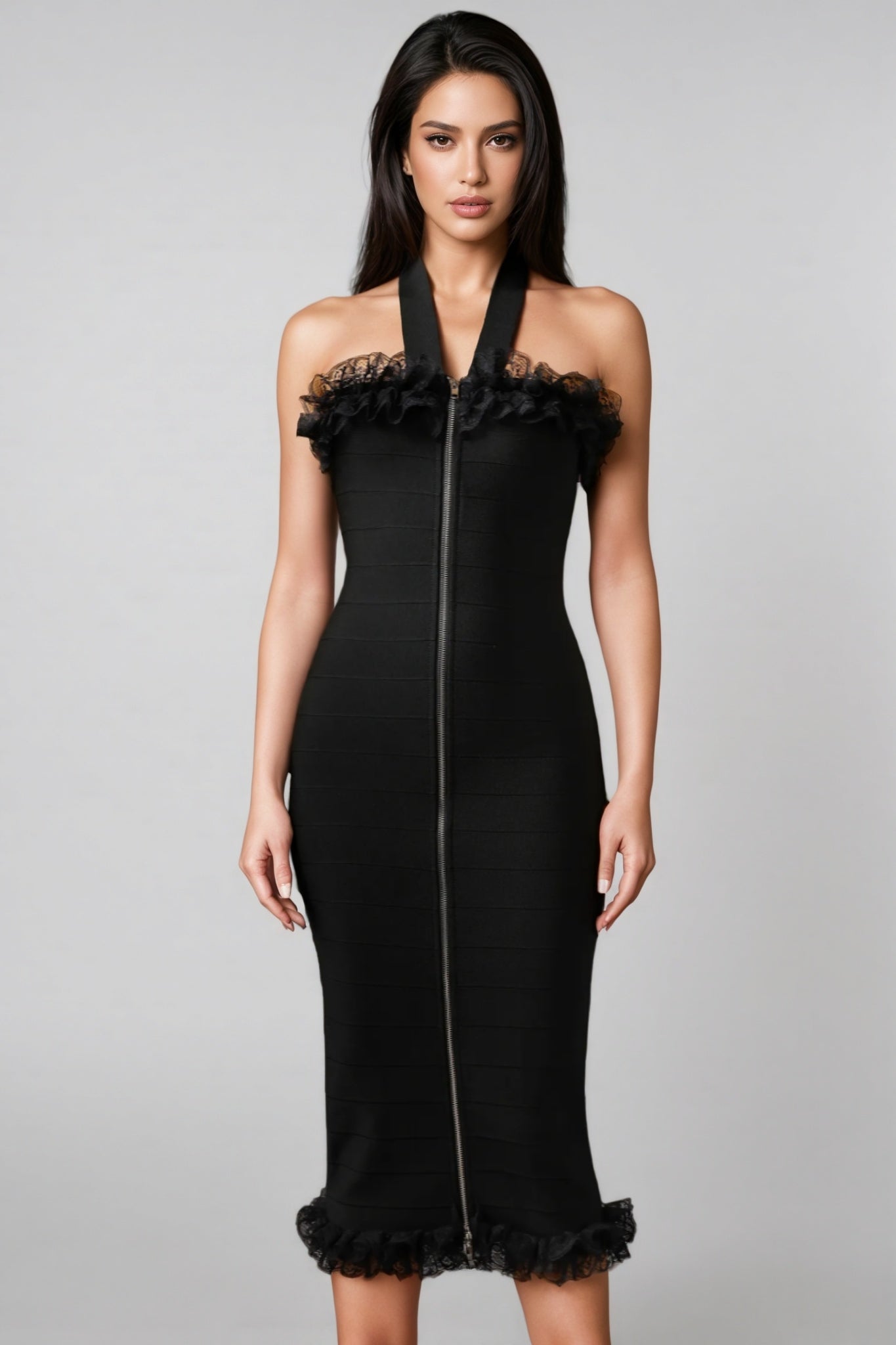 Lace V-Neck Sleeveless Bodycon Midi Party Dress