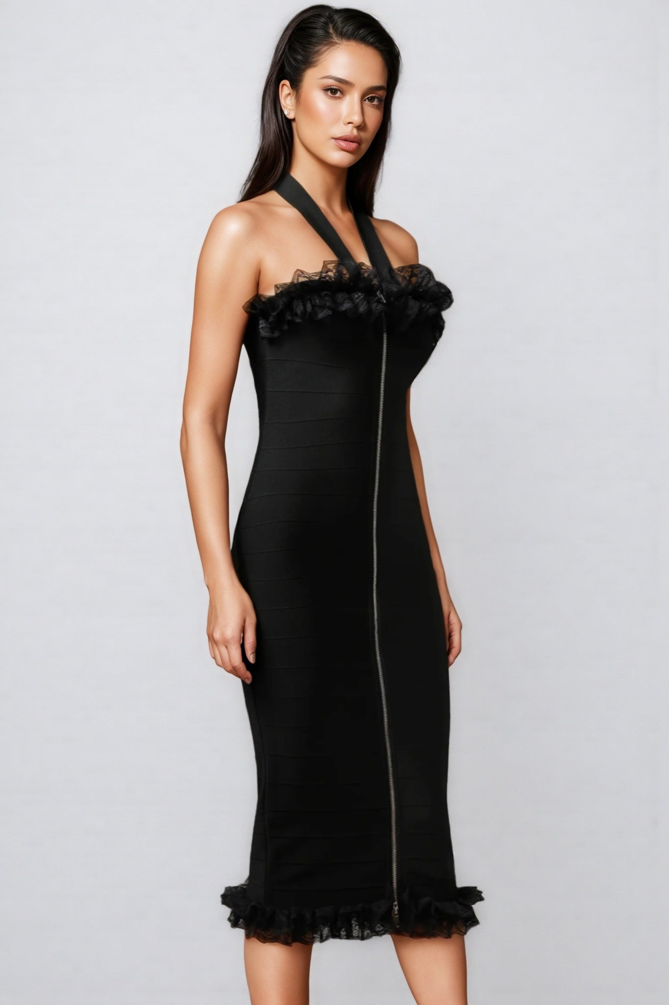 Lace V-Neck Sleeveless Bodycon Midi Party Dress
