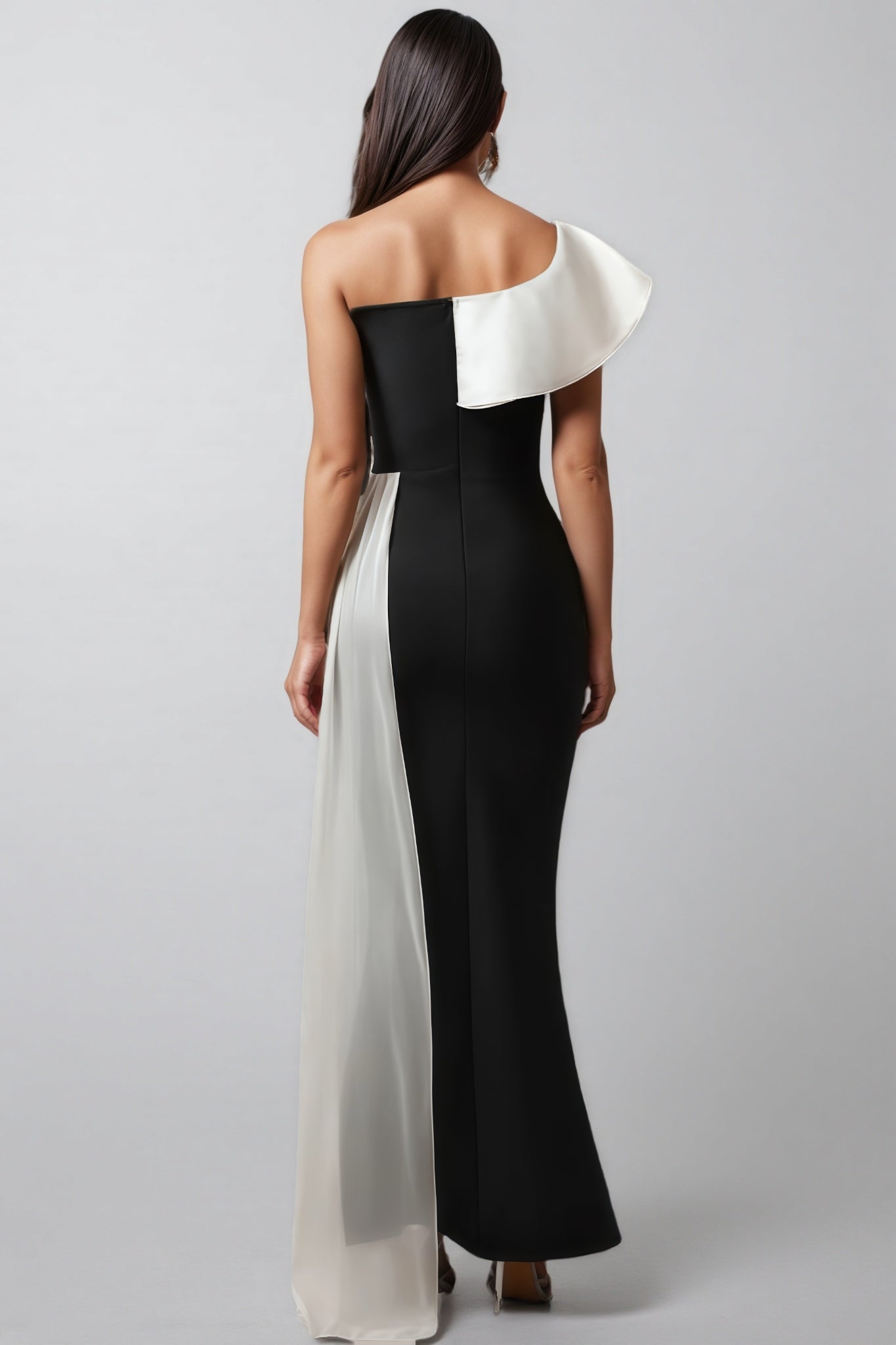 One Shoulder Oversized Ruffle Mermaid Bandage Sheer Train Maxi Gown