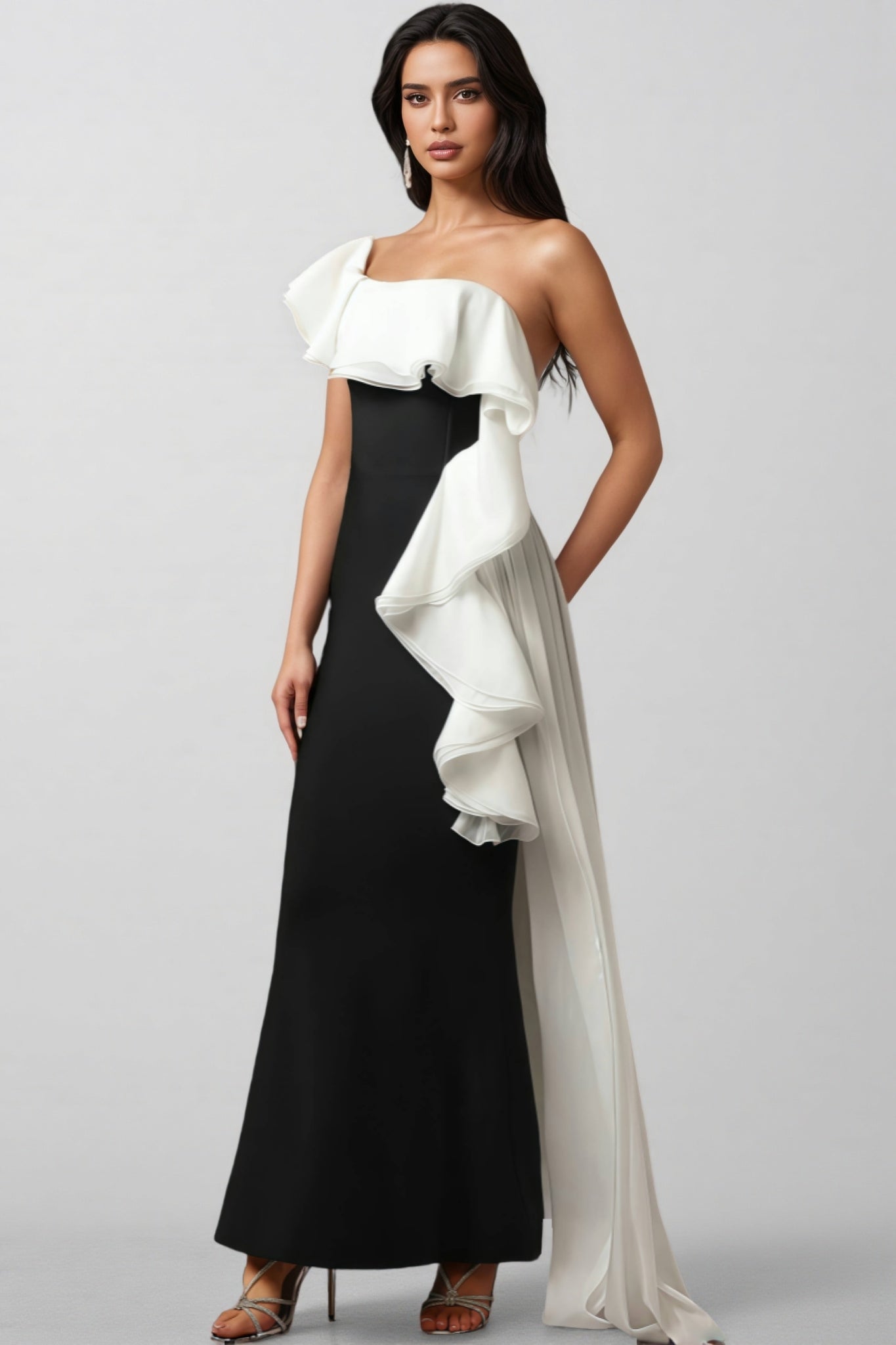 One Shoulder Oversized Ruffle Mermaid Bandage Sheer Train Maxi Gown