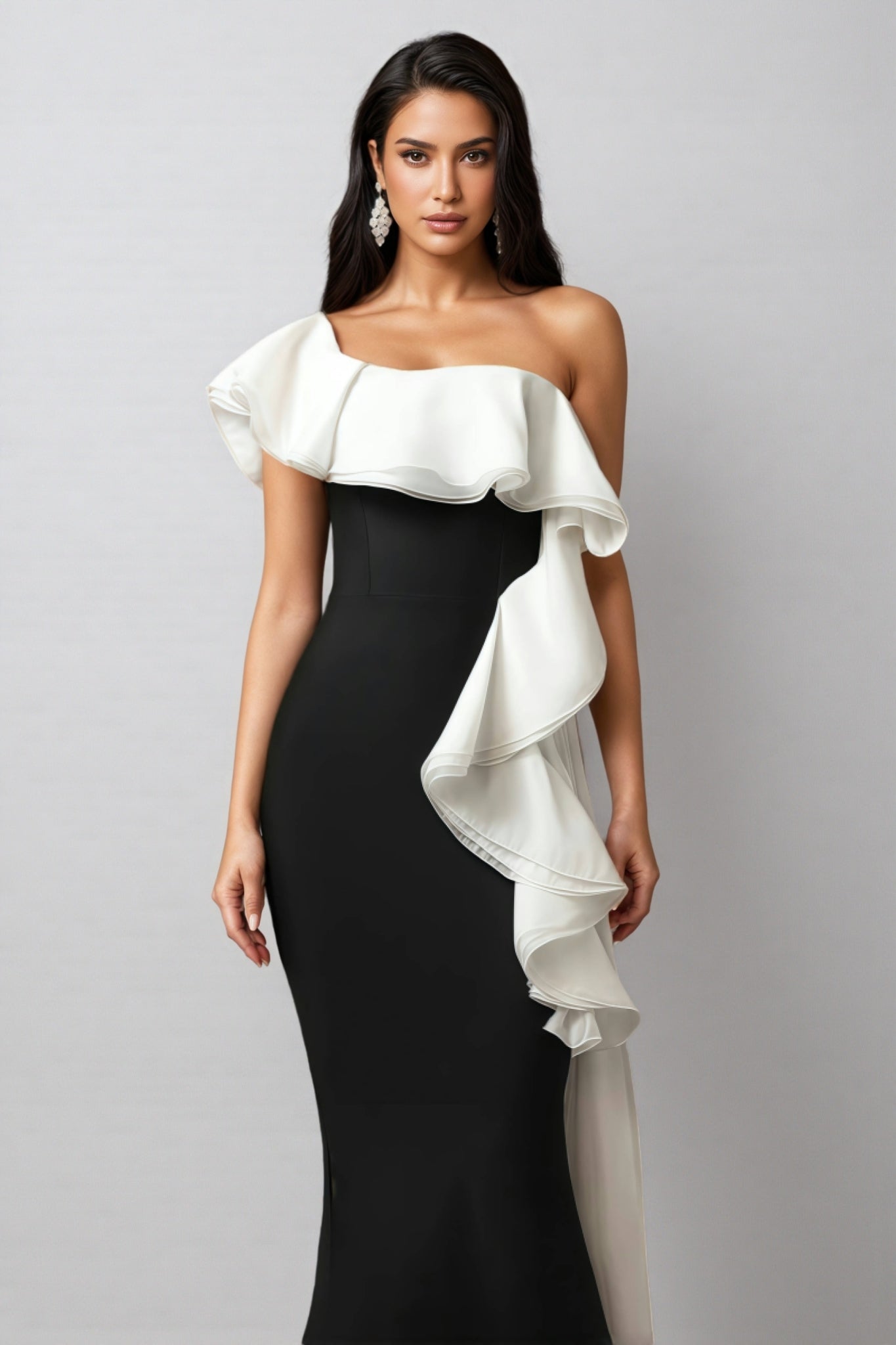 One Shoulder Oversized Ruffle Mermaid Bandage Sheer Train Maxi Gown
