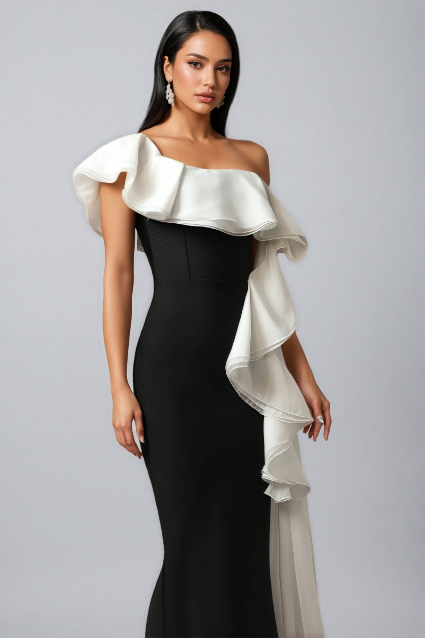 One Shoulder Oversized Ruffle Mermaid Bandage Sheer Train Maxi Gown