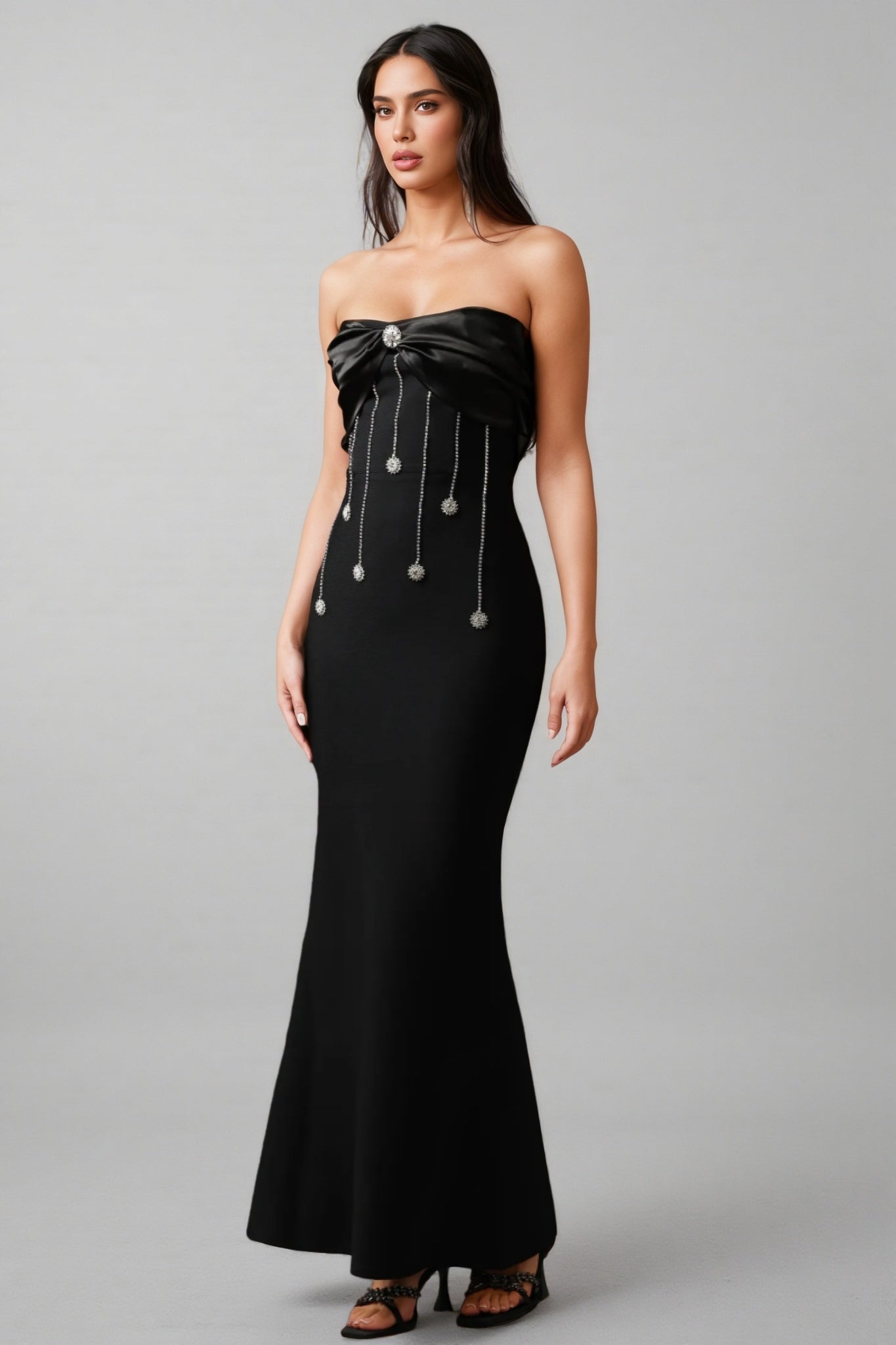 Rhinestone Bow Chain Fringe Strapless Bandage Mermaid Maxi Gown
