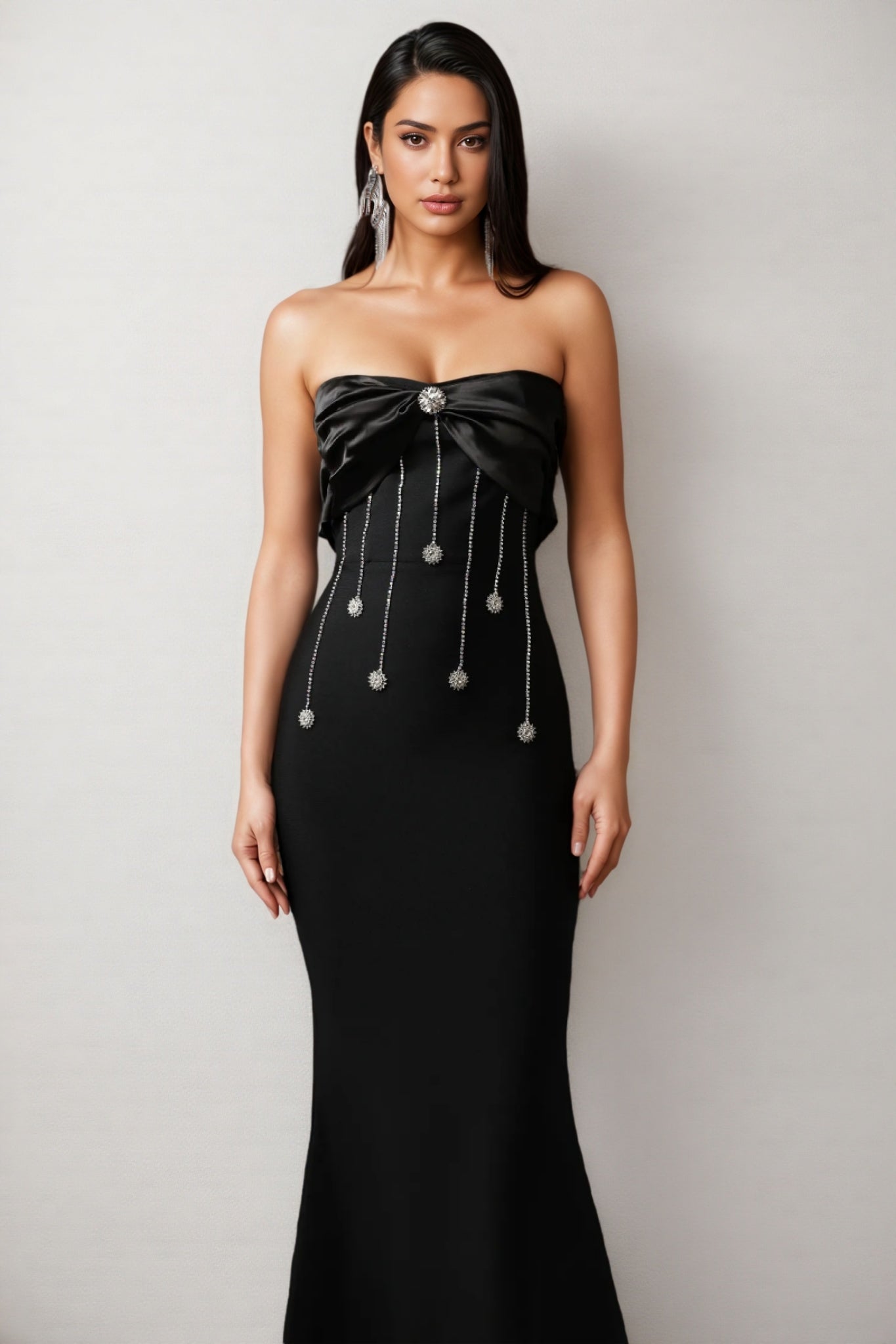 Rhinestone Bow Chain Fringe Strapless Bandage Mermaid Maxi Gown