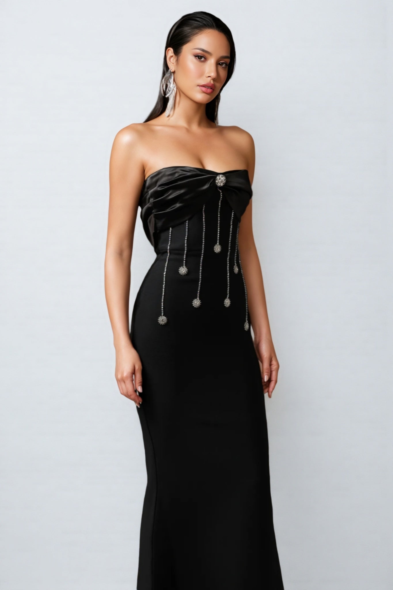 Rhinestone Bow Chain Fringe Strapless Bandage Mermaid Maxi Gown