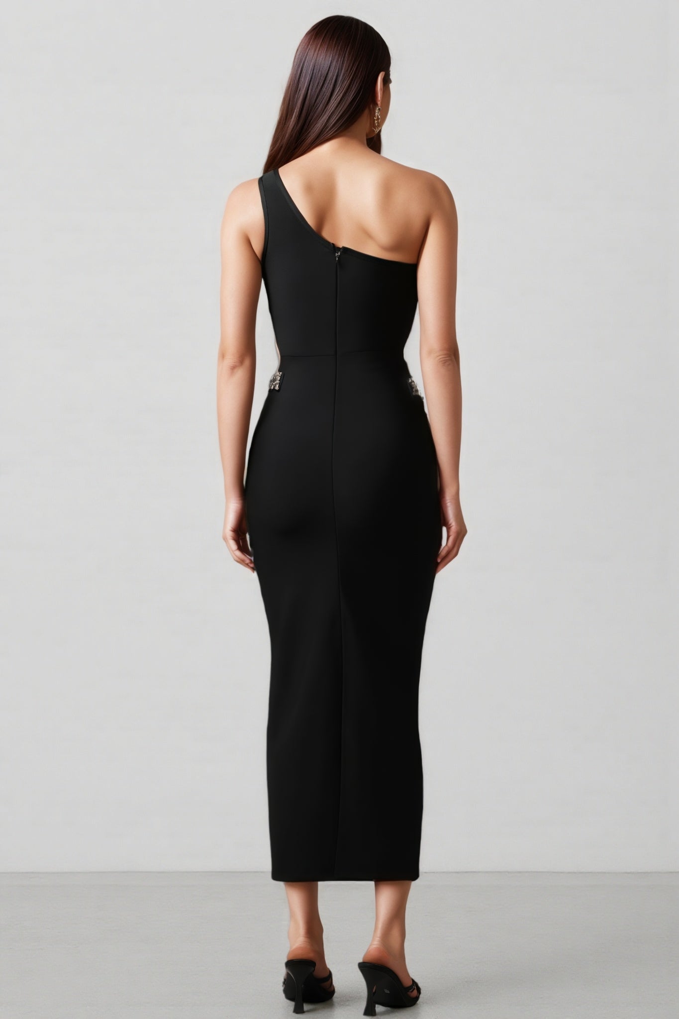 One Shoulder Pearl Rhinestone Trim Side Cut Out Bodycon Maxi Dress
