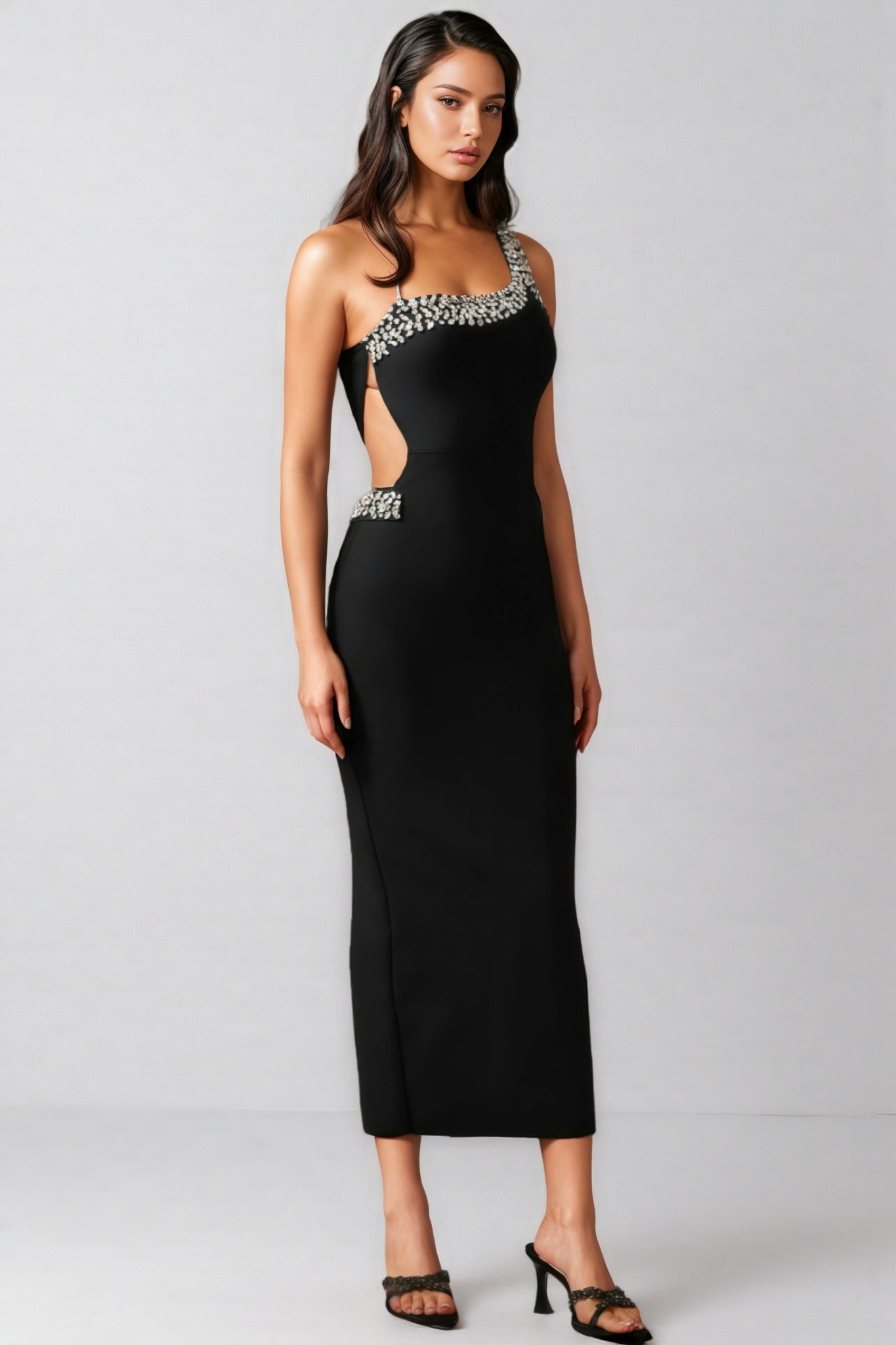One Shoulder Pearl Rhinestone Trim Side Cut Out Bodycon Maxi Dress