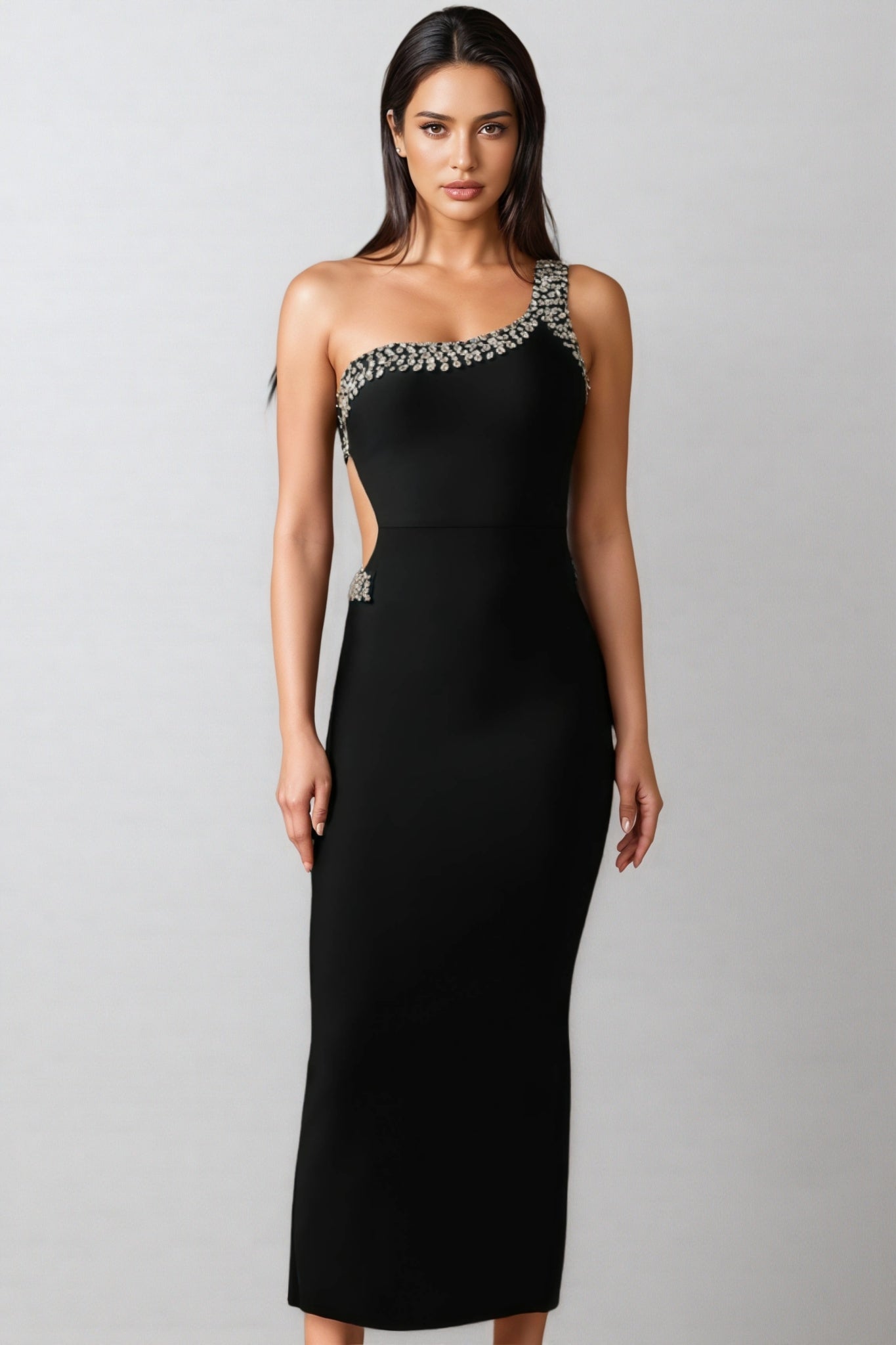One Shoulder Pearl Rhinestone Trim Side Cut Out Bodycon Maxi Dress