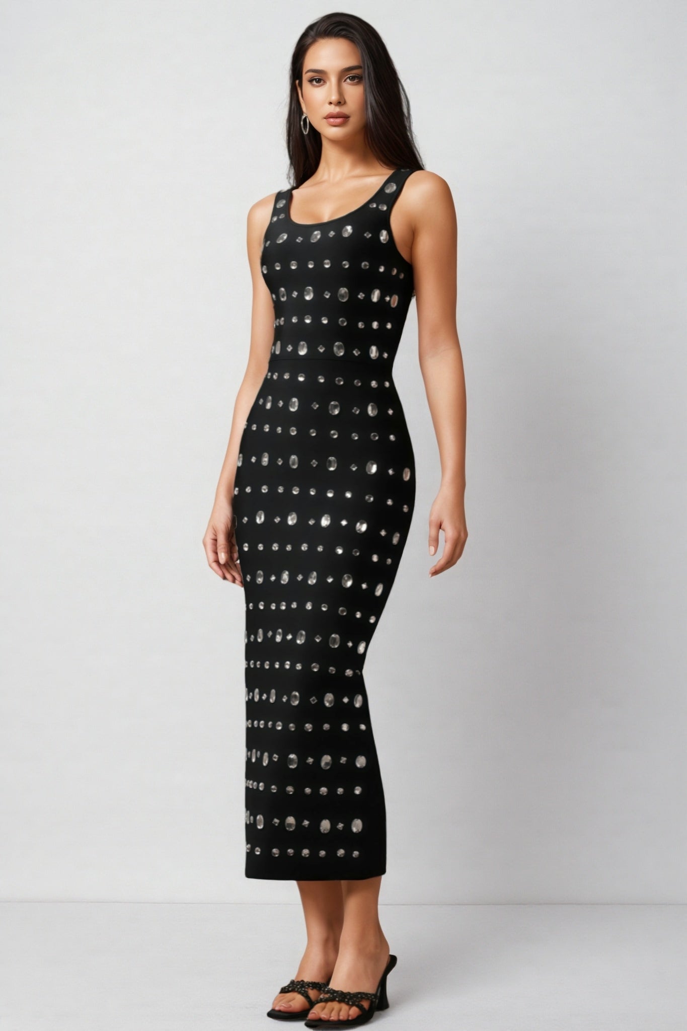 Rhinestone Embellished Scoop Neck Sleeveless Bandage Bodycon Midi Dress