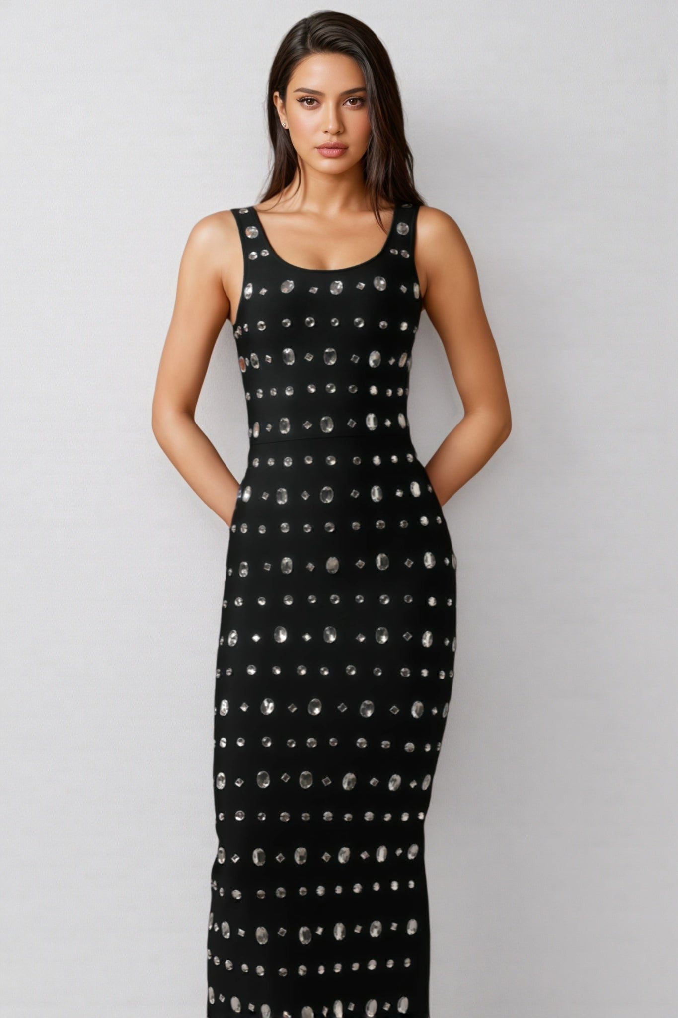 Rhinestone Embellished Scoop Neck Sleeveless Bandage Bodycon Midi Dress