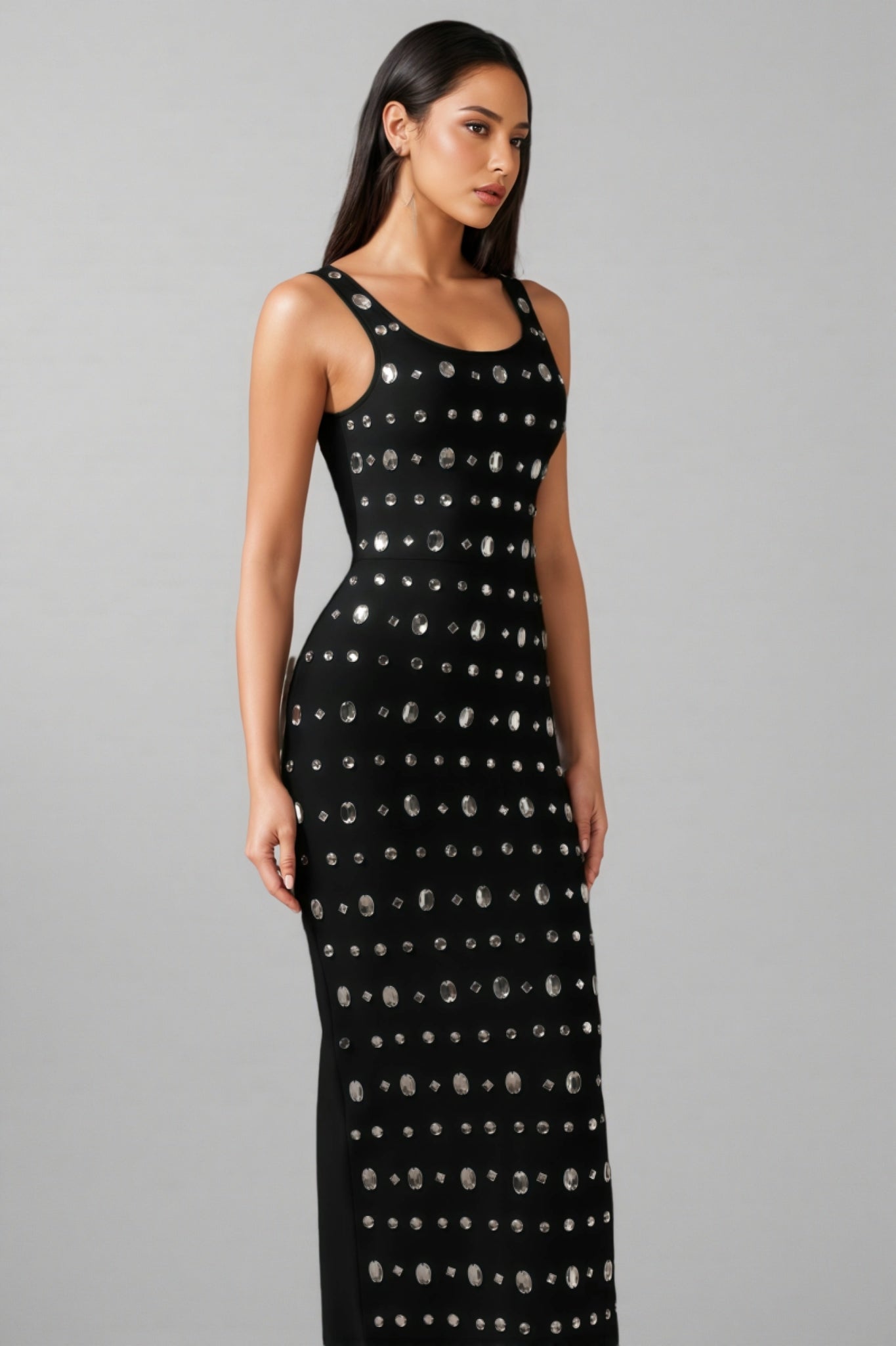 Rhinestone Embellished Scoop Neck Sleeveless Bandage Bodycon Midi Dress