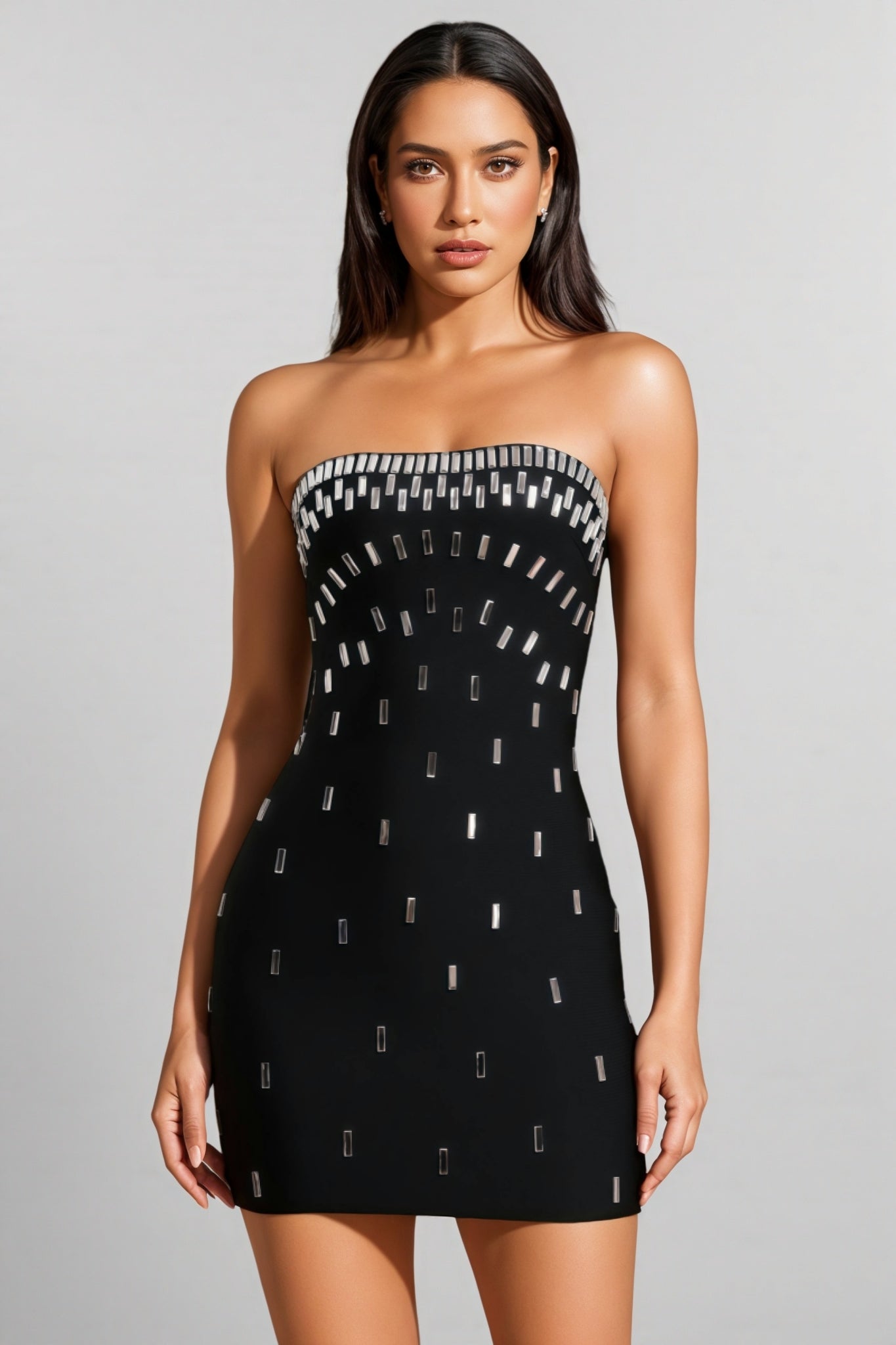 Rhinestone Embellished Strapless Bodycon Bandage Mini Dress