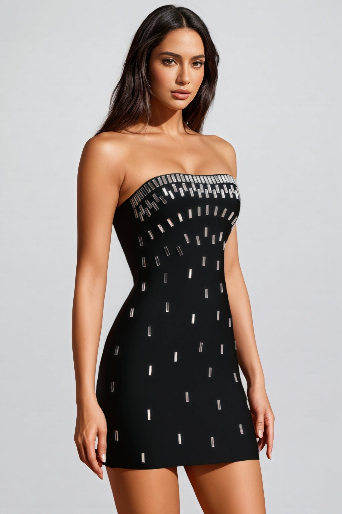 Rhinestone Embellished Strapless Bodycon Bandage Mini Dress