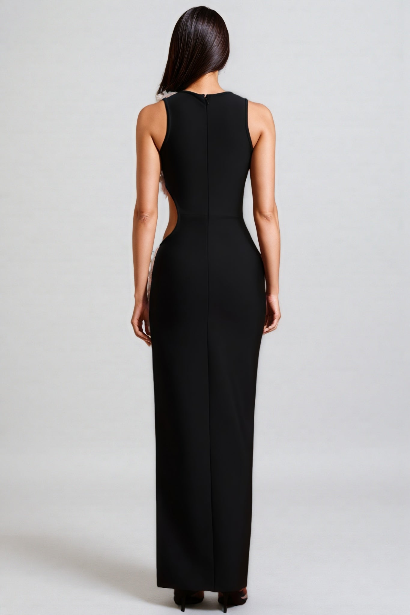 Sleeveless High Neck Curved Cut Out Floral Trim High Split Maxi Gown