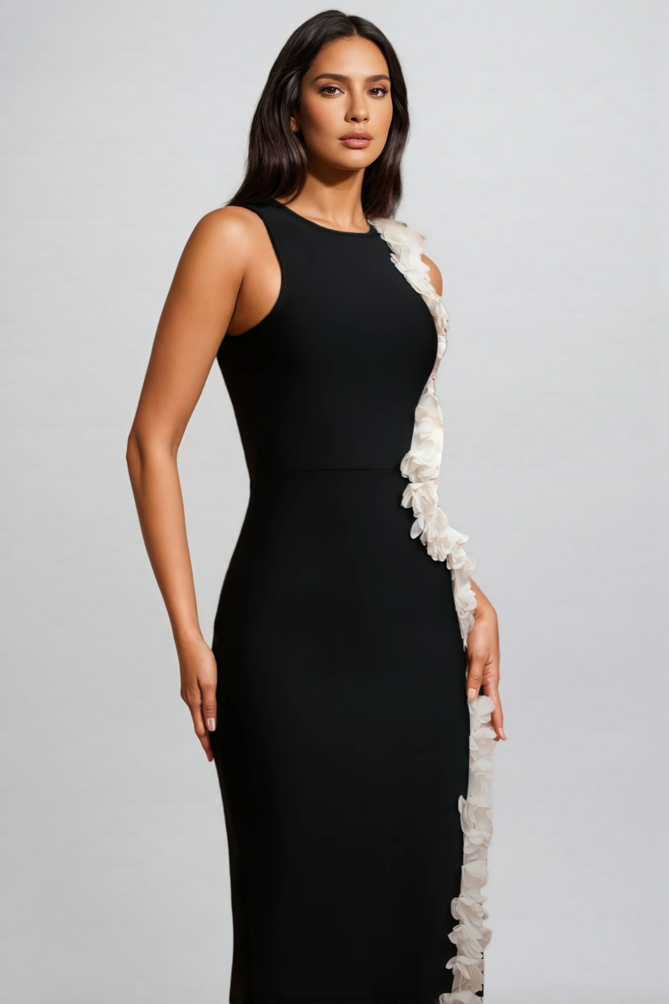 Sleeveless High Neck Curved Cut Out Floral Trim High Split Maxi Gown