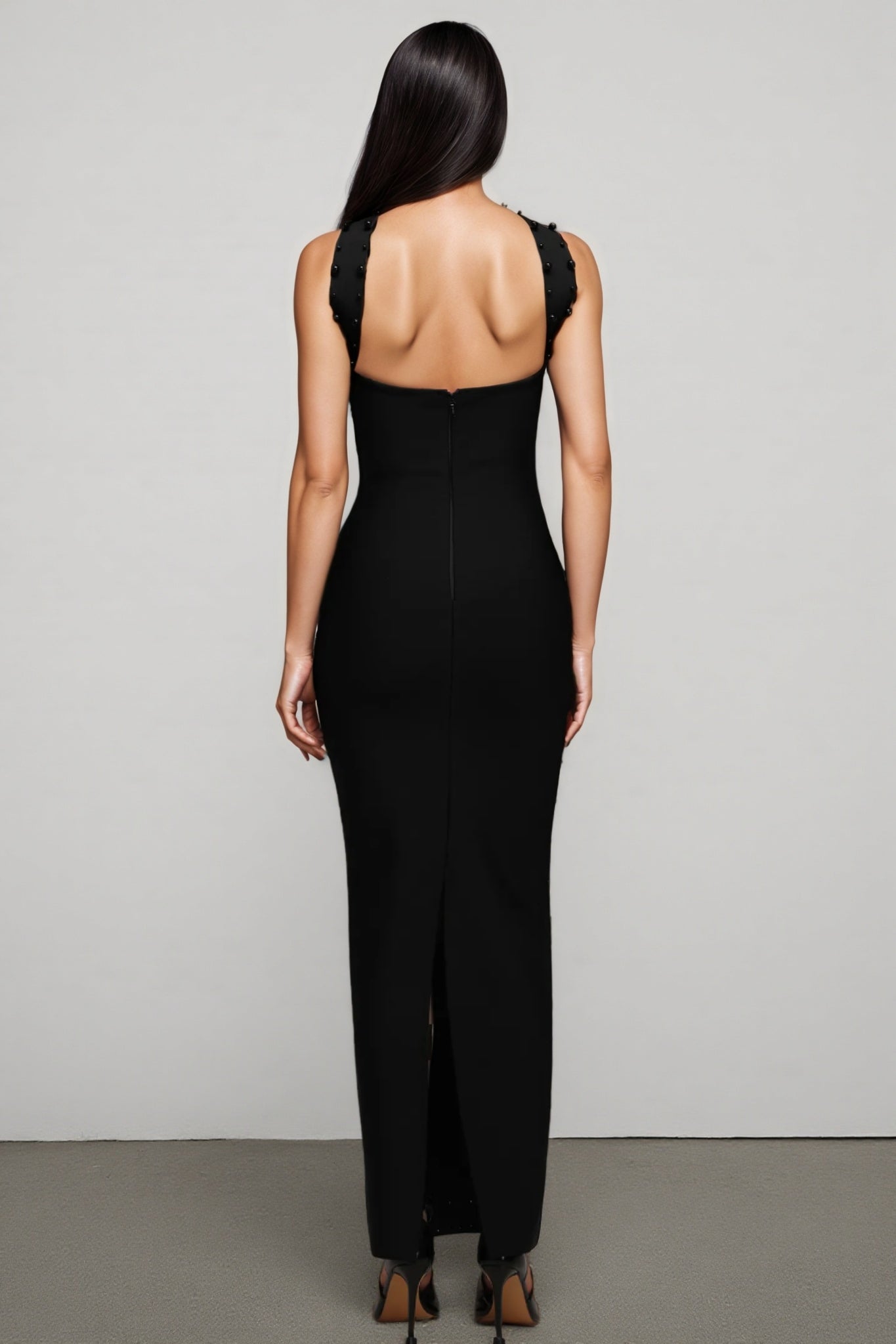Pearl Beaded Strapless Choker Neck Bandage Bodycon Maxi Dress