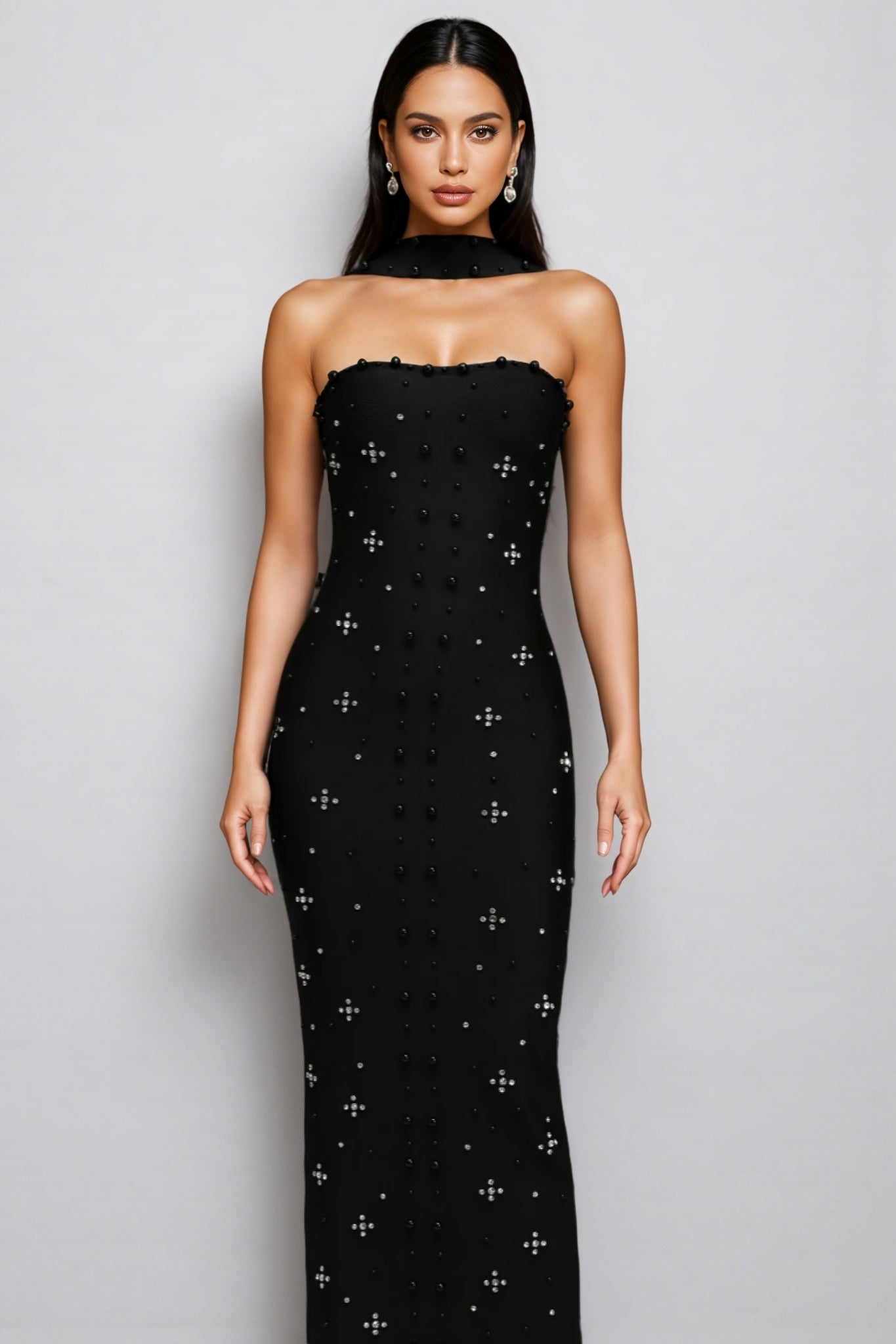Pearl Beaded Strapless Choker Neck Bandage Bodycon Maxi Dress
