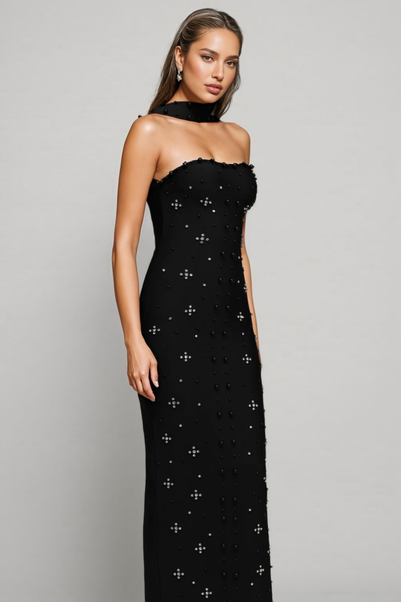 Pearl Beaded Strapless Choker Neck Bandage Bodycon Maxi Dress