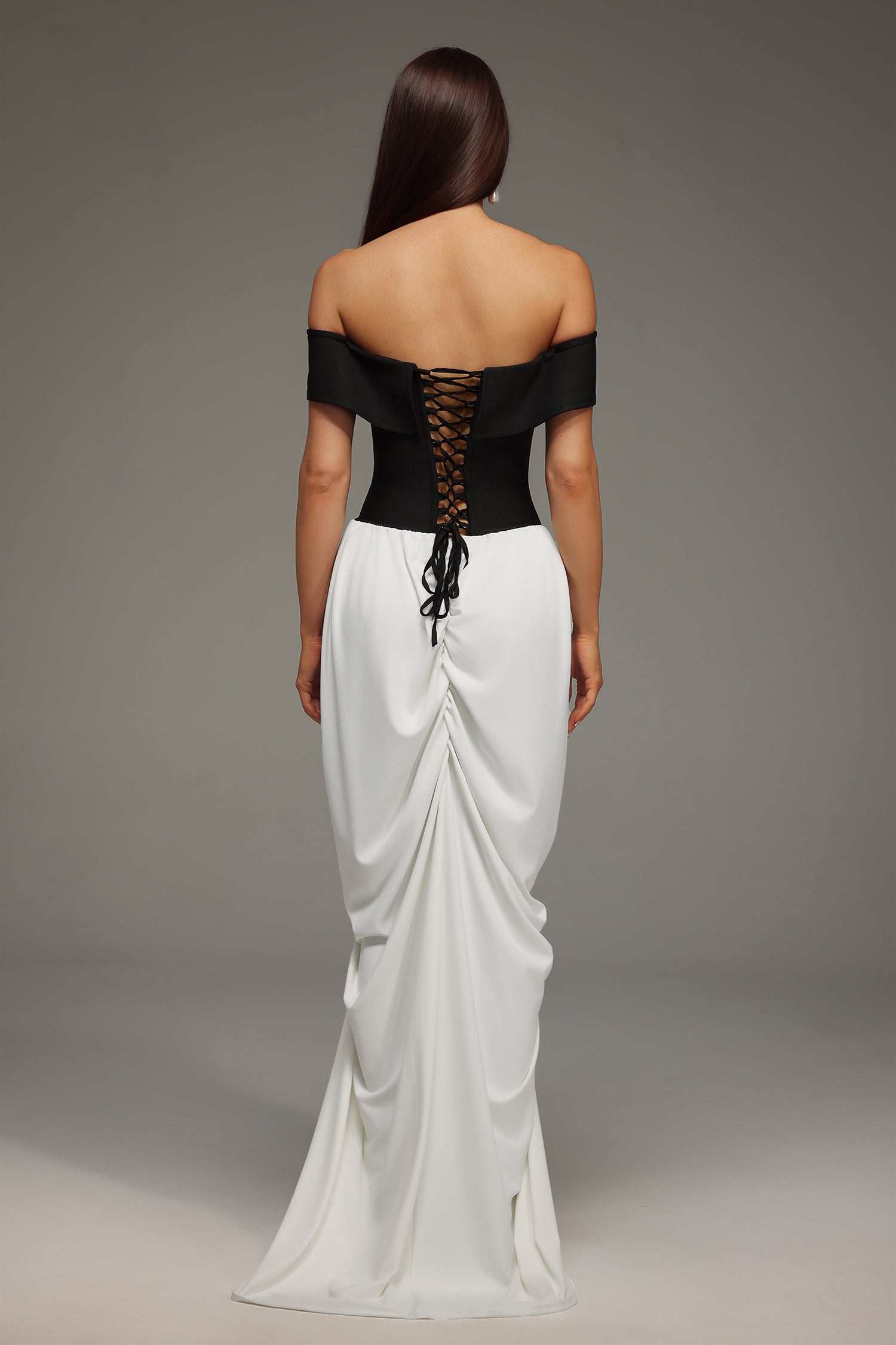 Off Shoulder Sweetheart Color Block Draped Gathered Maxi Gown