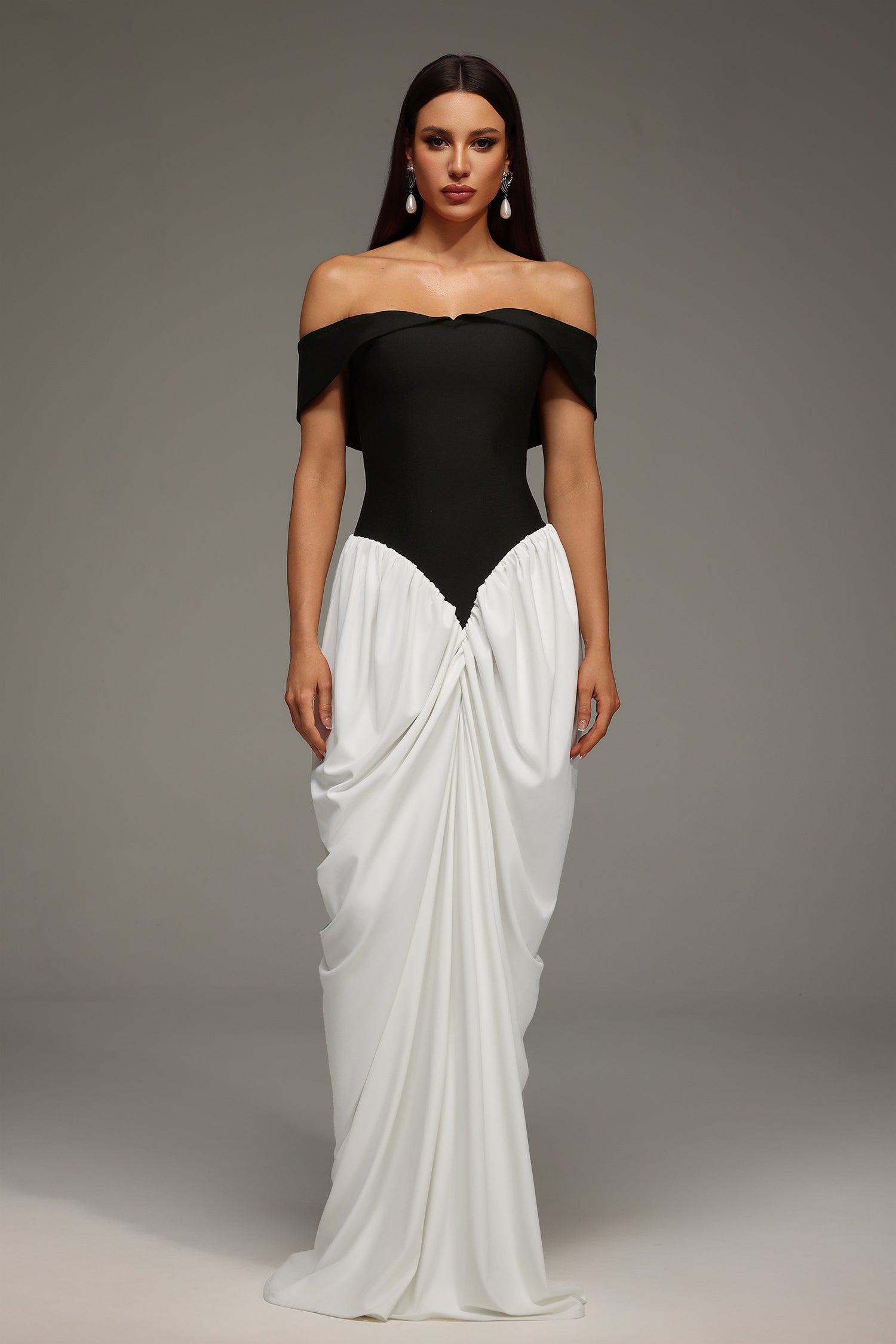 Off Shoulder Sweetheart Color Block Draped Gathered Maxi Gown