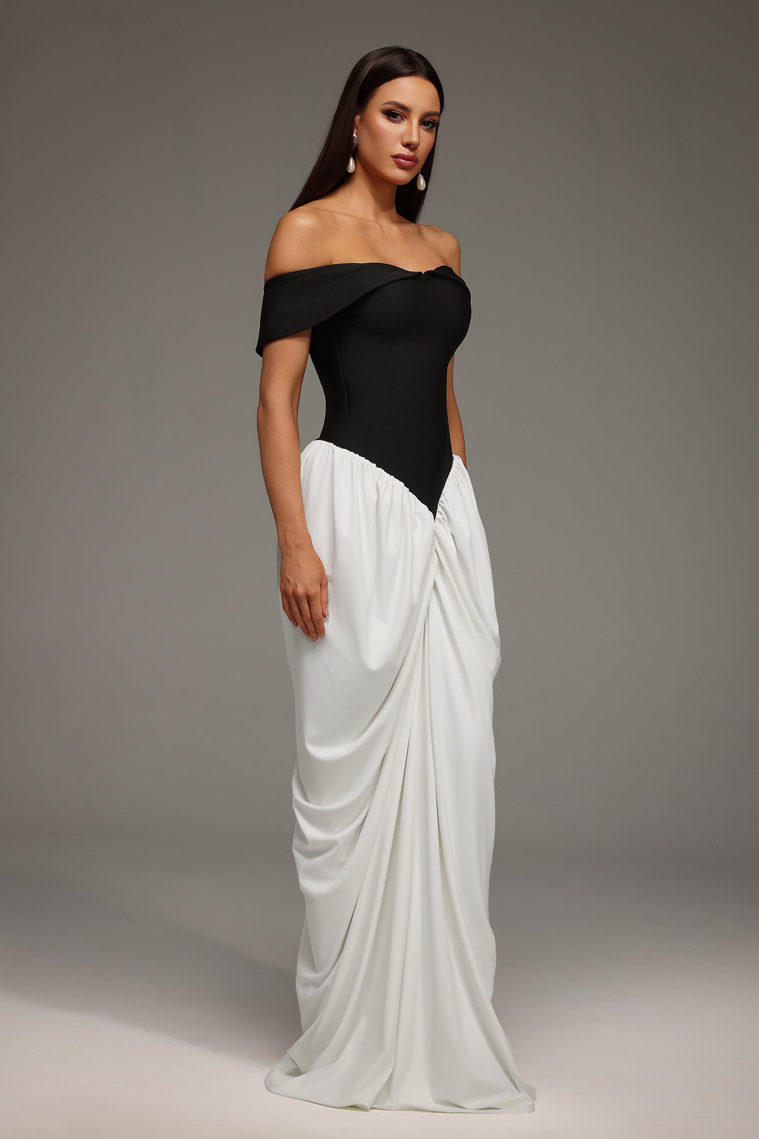 Off Shoulder Sweetheart Color Block Draped Gathered Maxi Gown