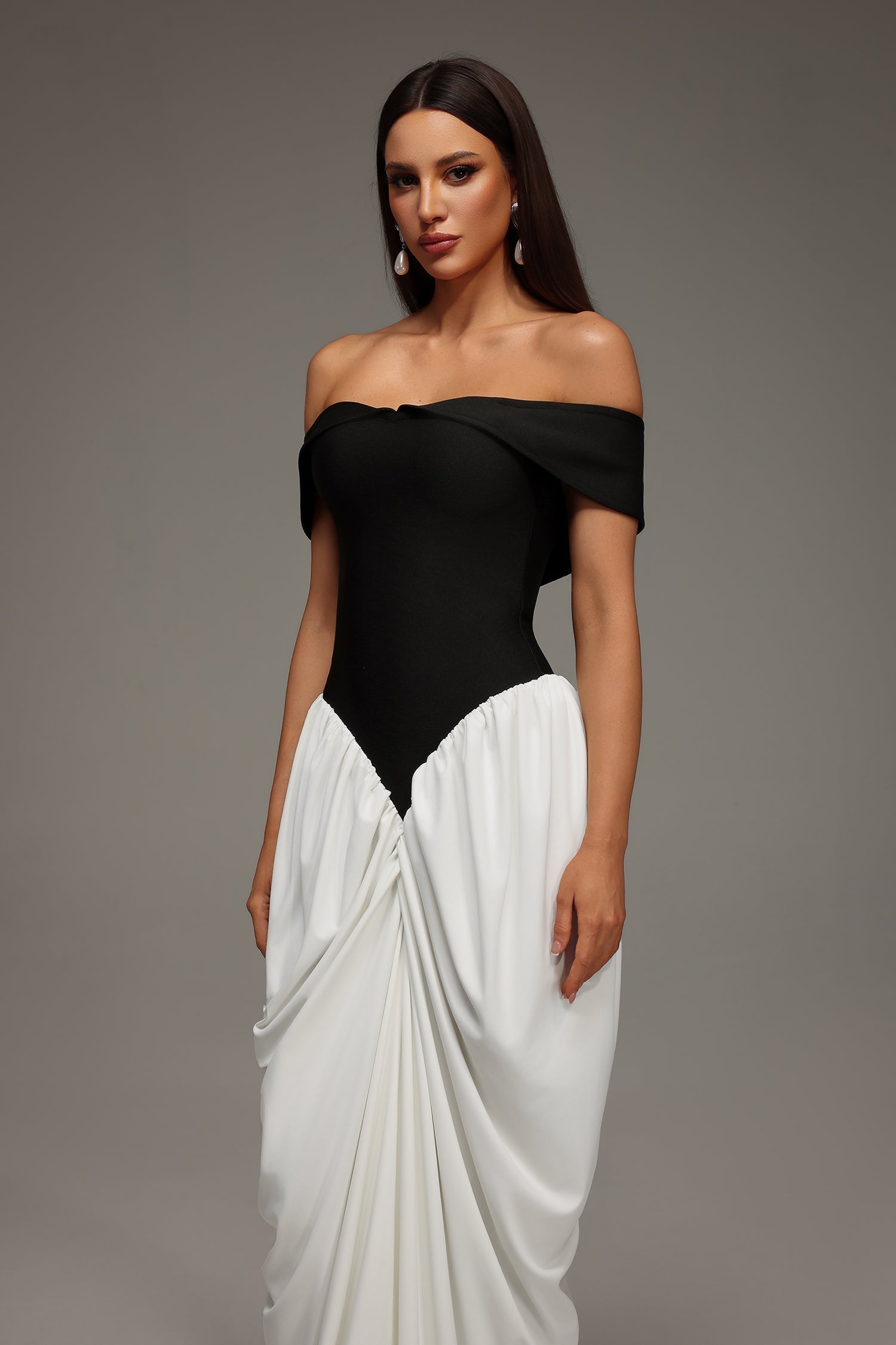 Off Shoulder Sweetheart Color Block Draped Gathered Maxi Gown