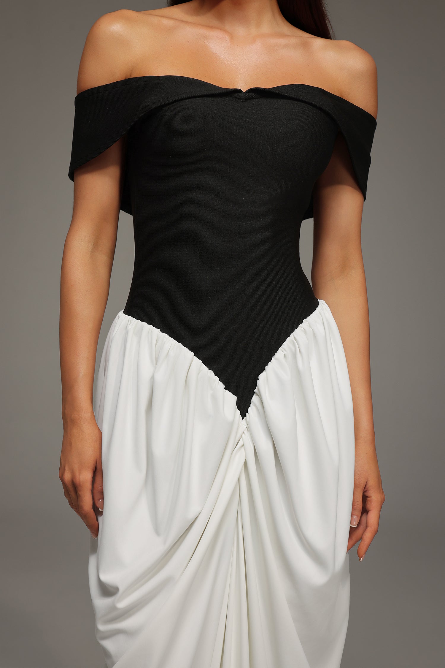 Off Shoulder Sweetheart Color Block Draped Gathered Maxi Gown