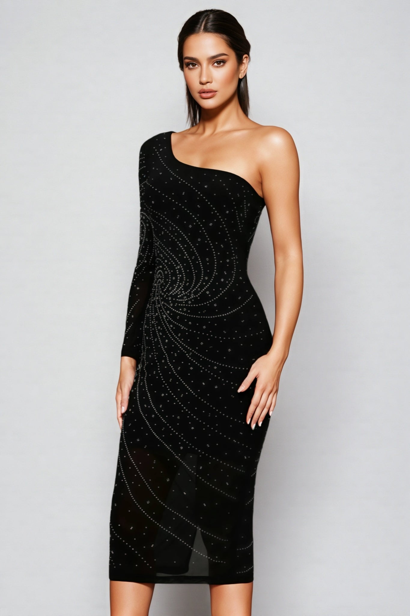 One Shoulder Long Sleeve Rhinestone Spiral Mesh Sheer Hem Midi Dress