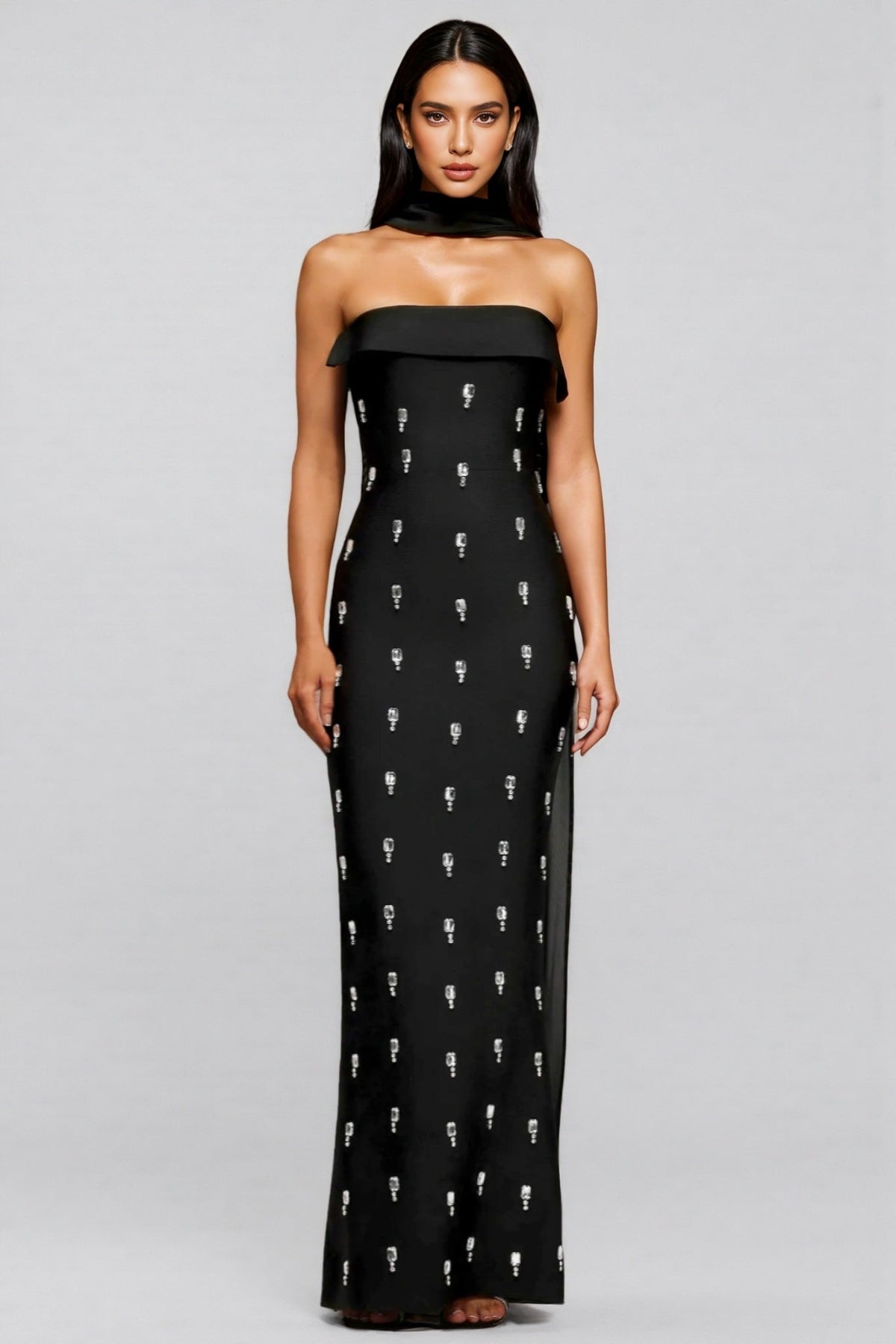 Strapless Fold Over Rhinestone Embellished Column Maxi Dress with Scarf
