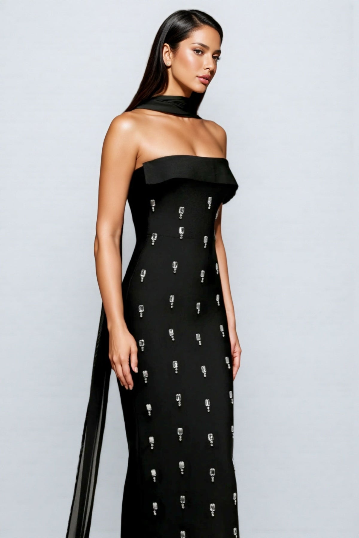 Strapless Fold Over Rhinestone Embellished Column Maxi Dress with Scarf 5