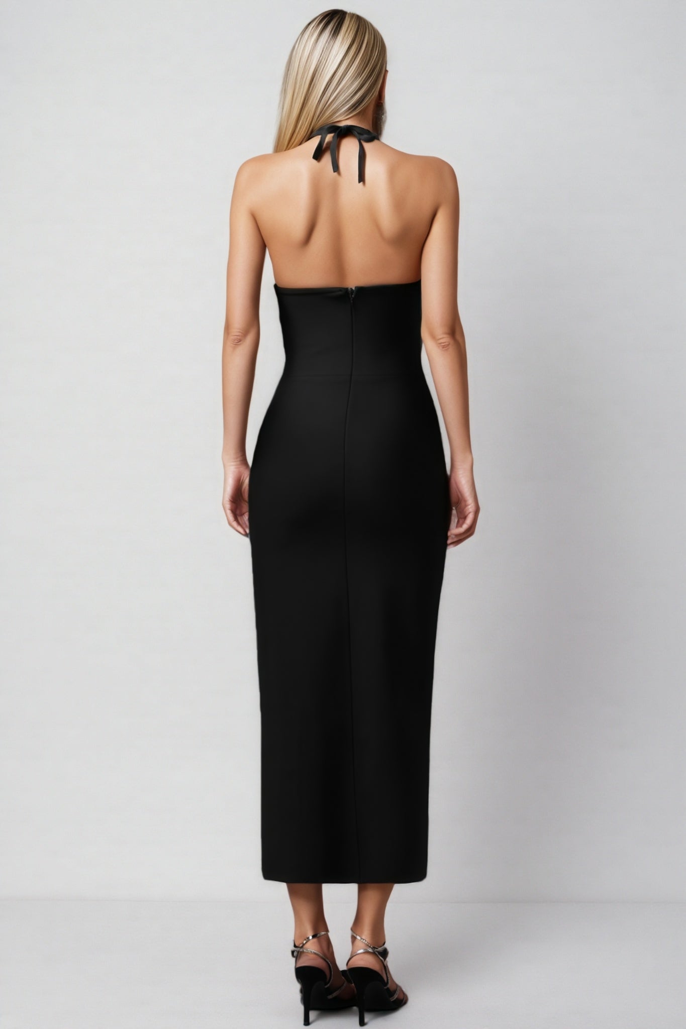 Rhinestone Floral Applique Halter Neck Mesh Panel High Split Bandage Maxi Gown