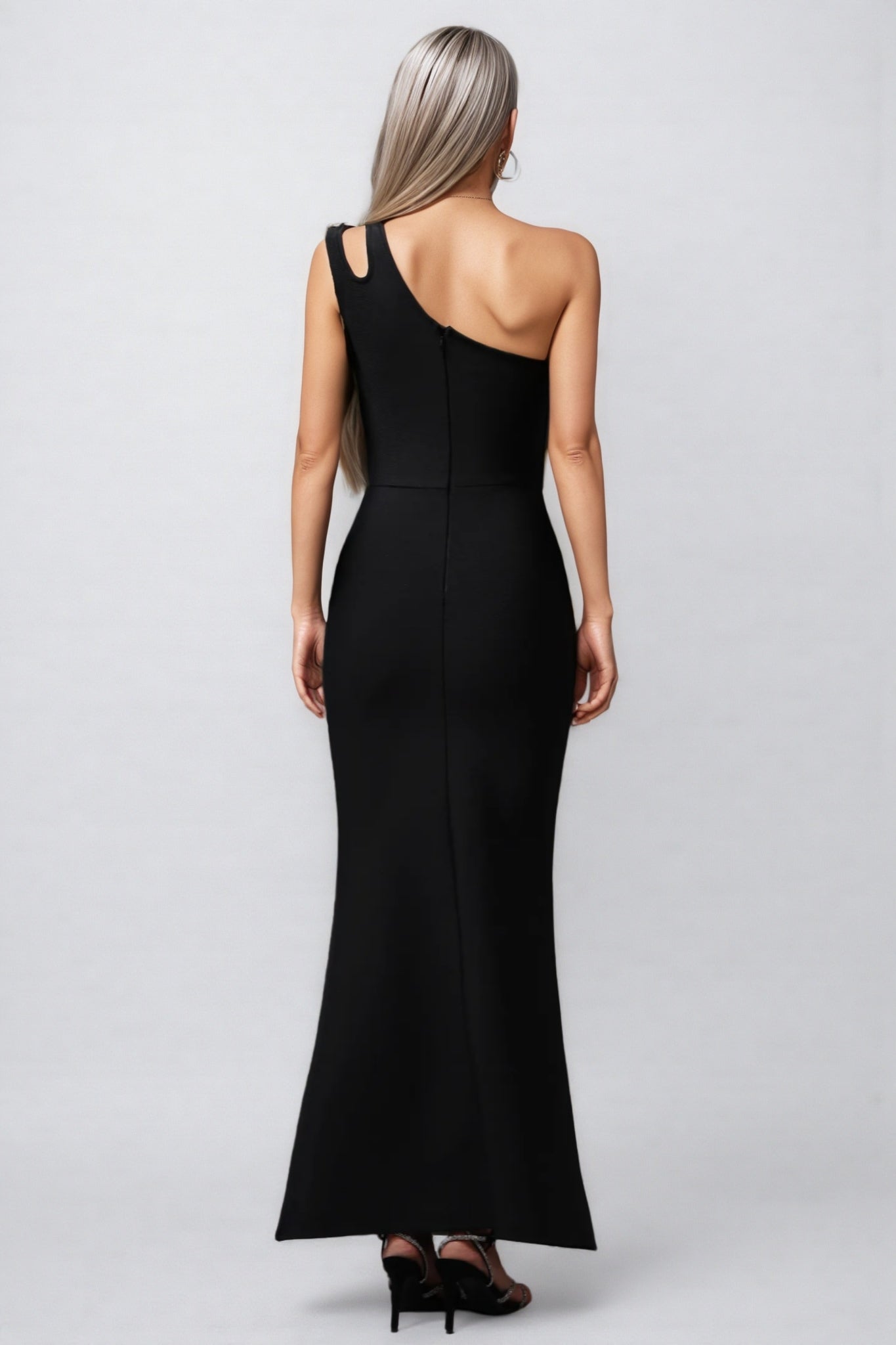 One Shoulder Cut Out Rhinestone Hip Embellished High Split Mermaid Maxi Gown