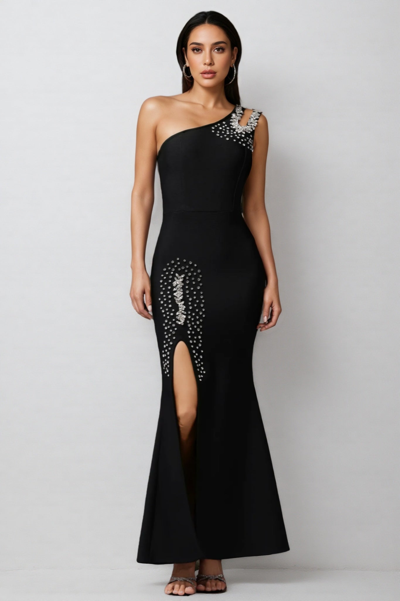 One Shoulder Cut Out Rhinestone Hip Embellished High Split Mermaid Maxi Gown